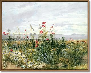 Gardenia Art Vintage Framed Wildflower Canvas Wall Art 12x16inch Nature Poppies Daisies Field Art Prints Classical Country Cattle Grazing Landscape Pictures Painting for Living Room Office Home Decor