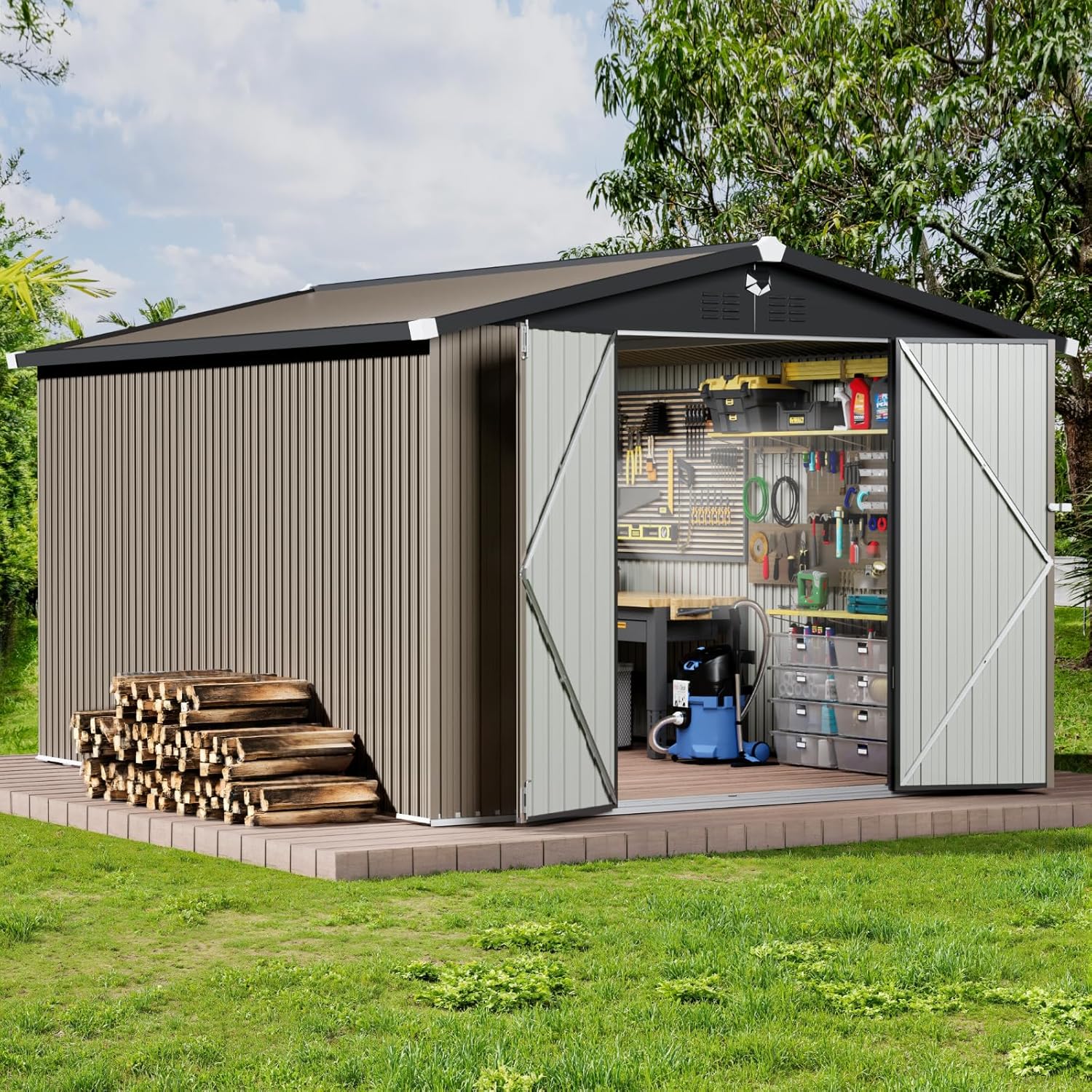 Metal Storage Shed 10x12 FT,Outdoor Storage Building,Large Backyard Sheds with Lockable Doors,Outside Storage Shed Waterproof