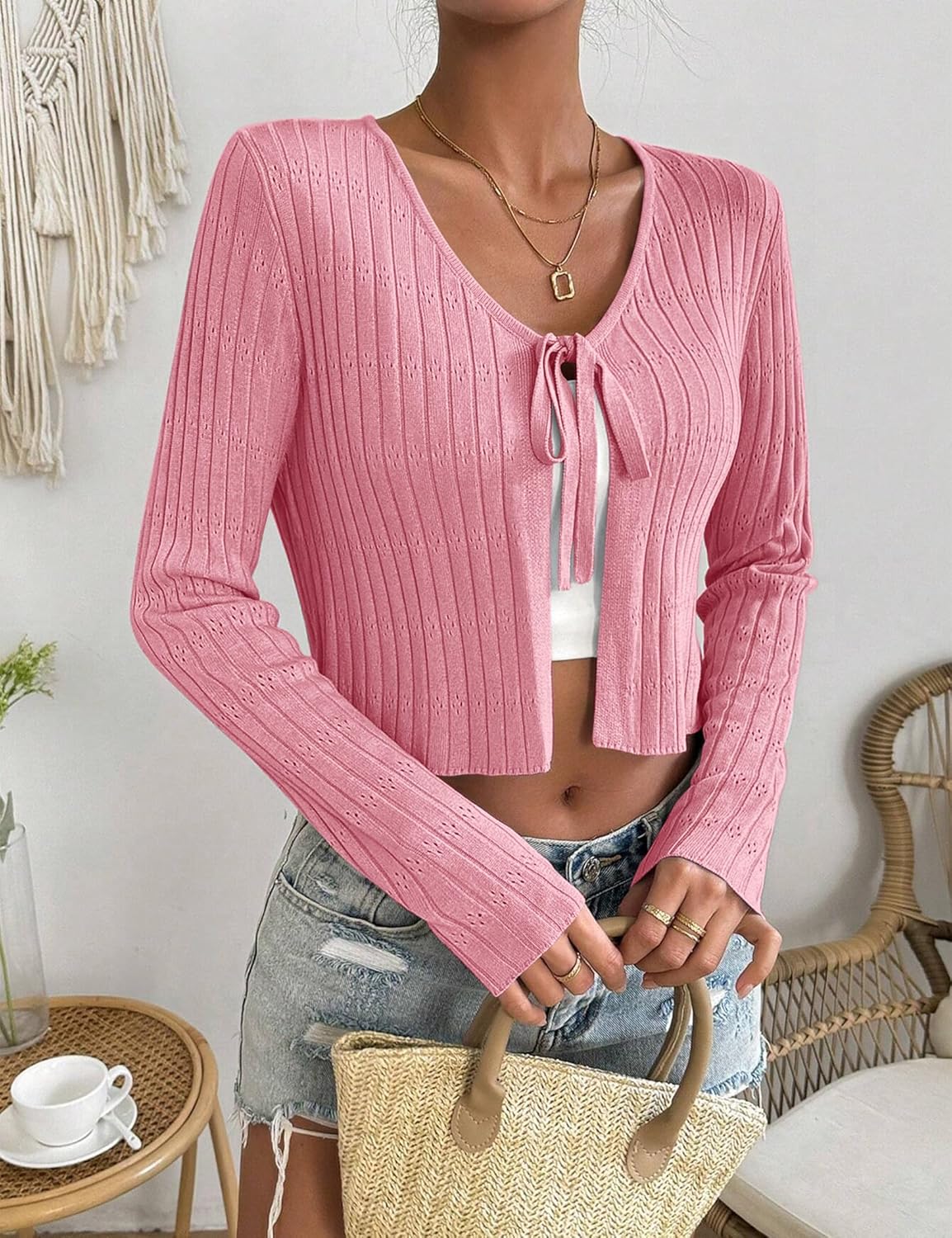 Womens Tie Front Cardigan Long Sleeve Rib Knit Shrug for Dress Sweaters Crop Tops