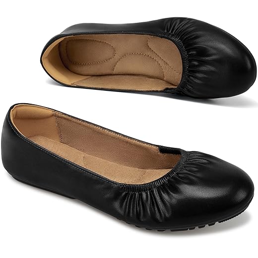 Aomigoct Womens Dress Comfort Flats: Classic Round Toe & Soft PU for Office Work - Memory Foam Cushioning & Non-Slip Sole for All-Day Relief in Commuting - Professional Women