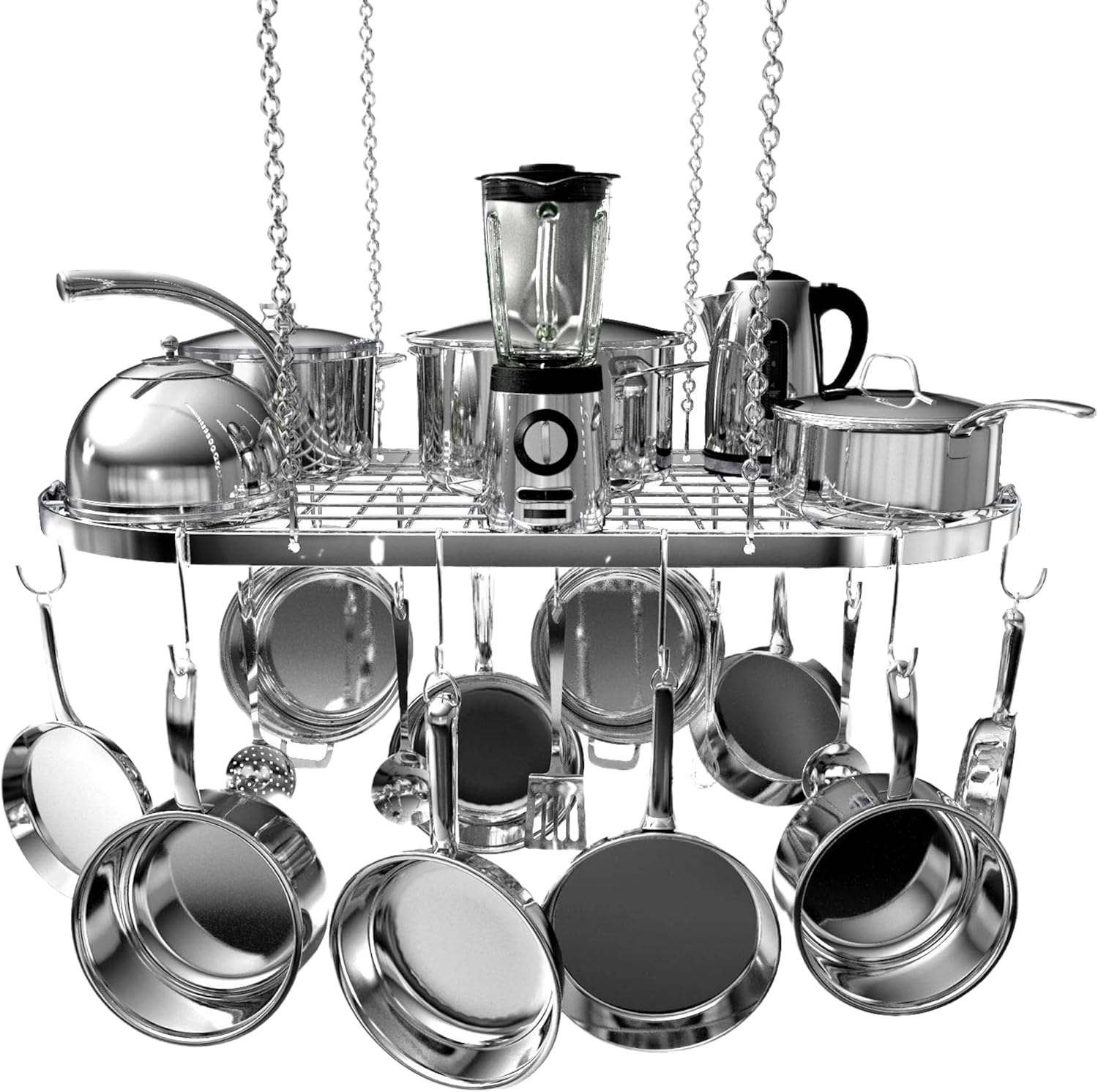 Vdomus Hanging Pot Rack - Ceiling Mount Kitchen Organizer for Pots and Pans with 15 Hooks - 33 x 17 Inches Heavy-Duty, Durable and Space-Saving Pan Holder - Silver