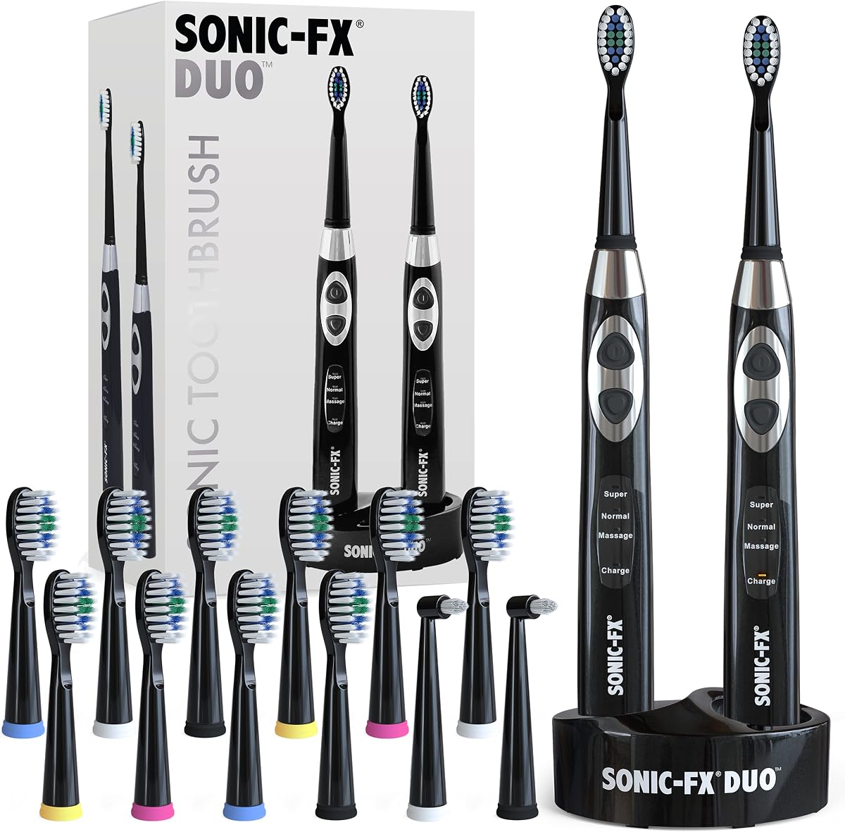 Sonic-FX Duo Rechargeable Electric Toothbrush Set - with 14 Brush Heads, 3 Modes, Smart Auto-Timer, Charging Dock Holder - Dual Handle Electric Tooth Brush for Adults & Kids, Black