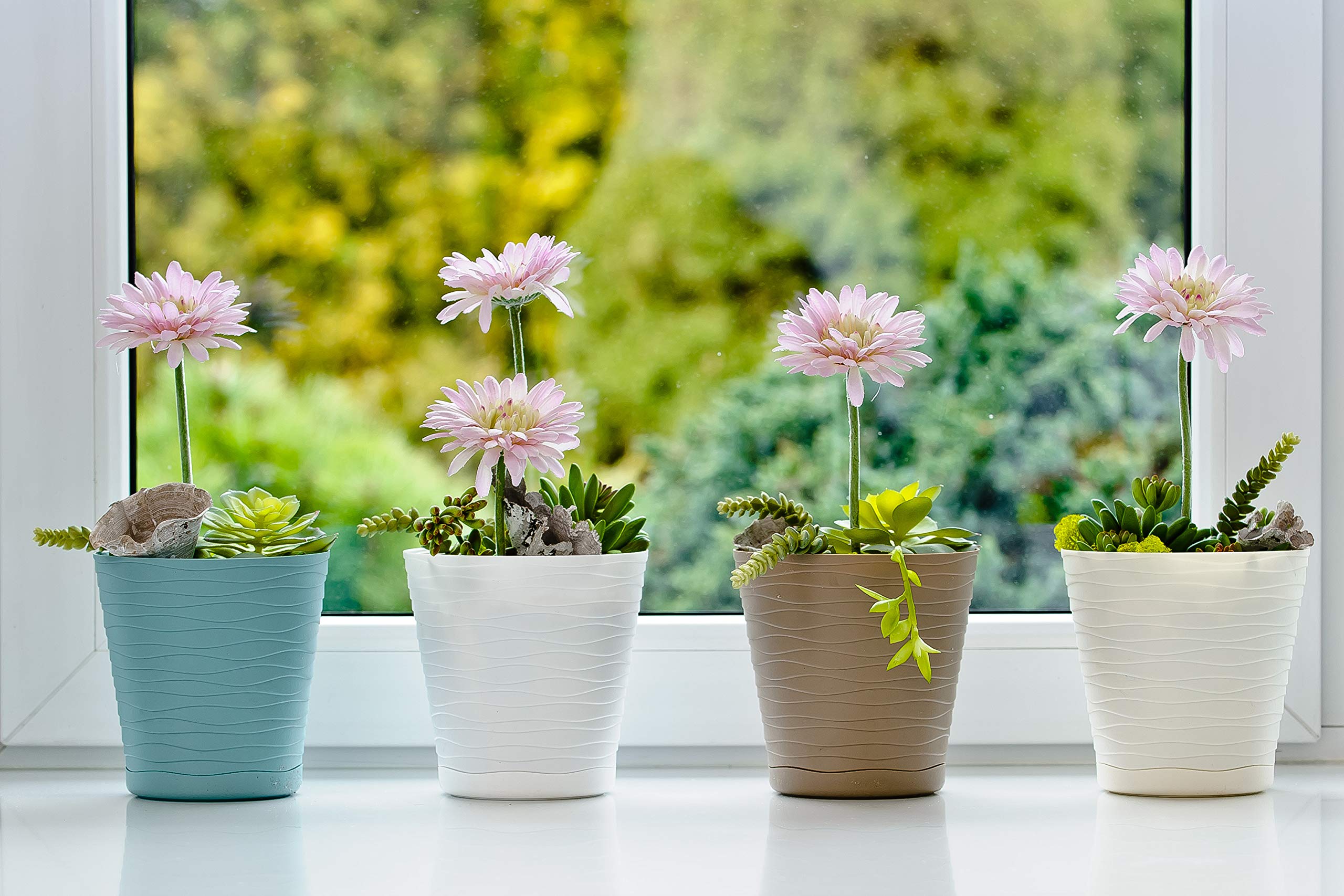 Tymar Vaso Per Fiori Con Sottovaso, 2 Pezzi, 21 Cm, Plastica, Design Ondulato 3D, Per Interni, Colore Crema - 4