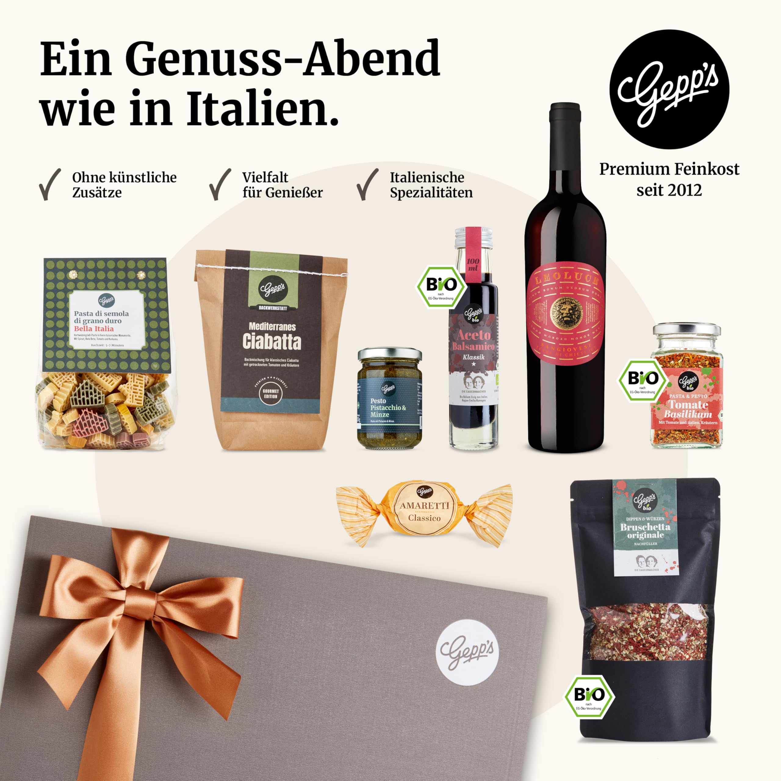Gepp’s Feinkost Italienreise Geschenkset mit italienischen Delikatessen Rotwein 750 ml Trüffel-Olivenöl