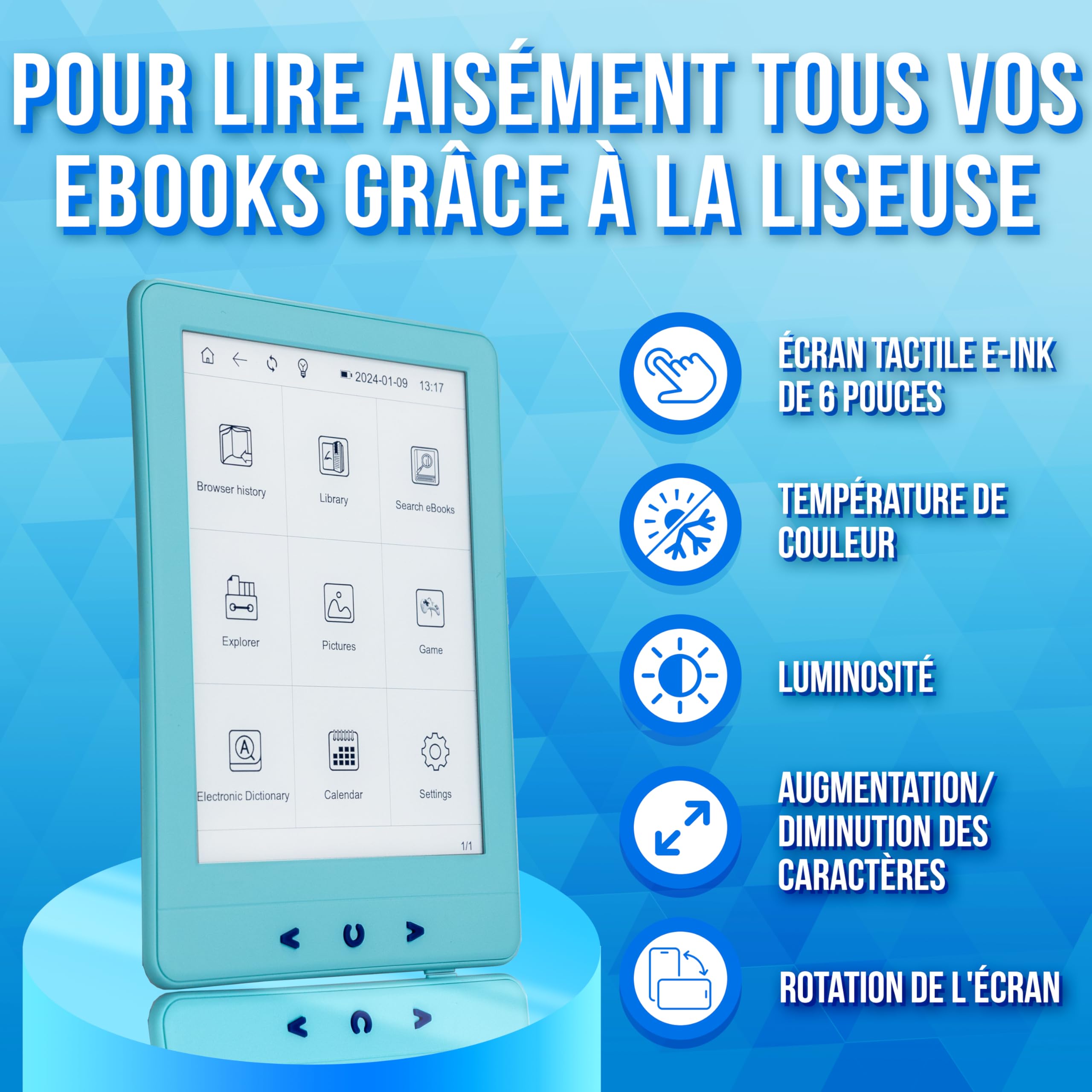 Silvergear® Ebook Reader avec Rétroéclairage | Écran Tactile E-Ink de 6 Pouces | Mémoire de 4 Go pour 3000+ E-Books | E-Reader | Antireflet et Léger | Bleu