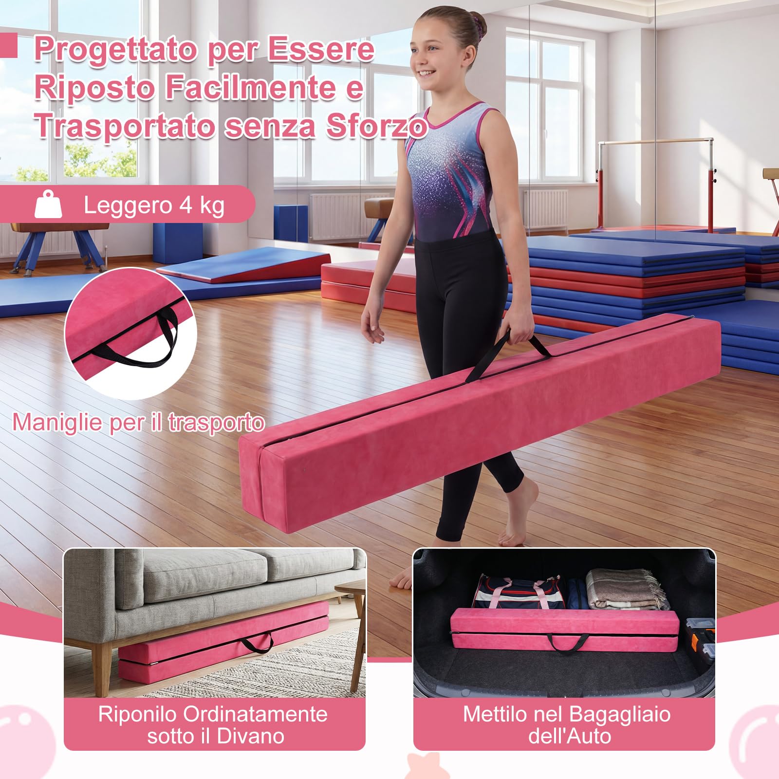 COSTWAY Trave Ginnastica Artistica per Casa 210/240/270 cm, Trave Pieghevole per Bambini con Maniglia, Base in Legno e Fondo Antiscivolo, Trave di Equilibrio da Pavimento