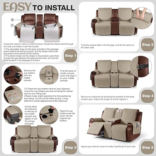 Miniatura 5 de KinCam Funda 100% impermeable para sofá biplaza reclinable con consola, fundas antideslizantes para sofá reclinable de 2 asientos, funda de sofá