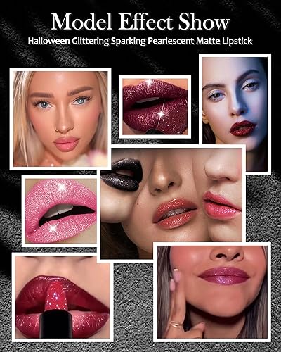 Miniatura 6 de LYSdefeu Lápiz labial mate con purpurina de diamante, brillo de labios rojo brillante, alto pigmento brillante, impermeable, a prueba de manchas,