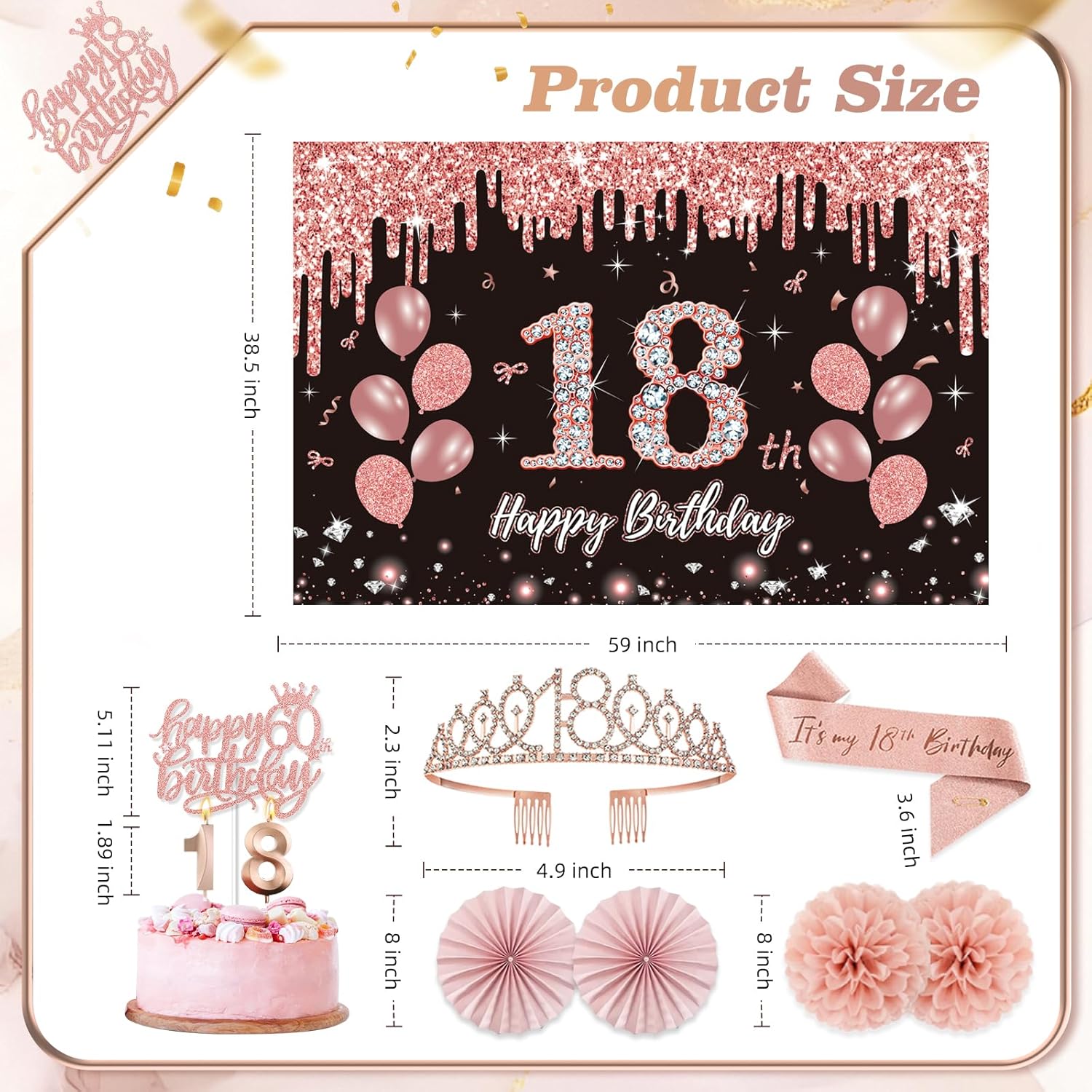 18th Birthday Decorations for Girls,52Pcs PRE-STRUNG Rose Gold Black Party Set-18 Years Old Crown and Sash,Banner,Hanging Swirl,Backdrop Decor,CakeTopper,Age Candle, Balloons, Pom Poms,PRE-ASSEMBLED - Image 5