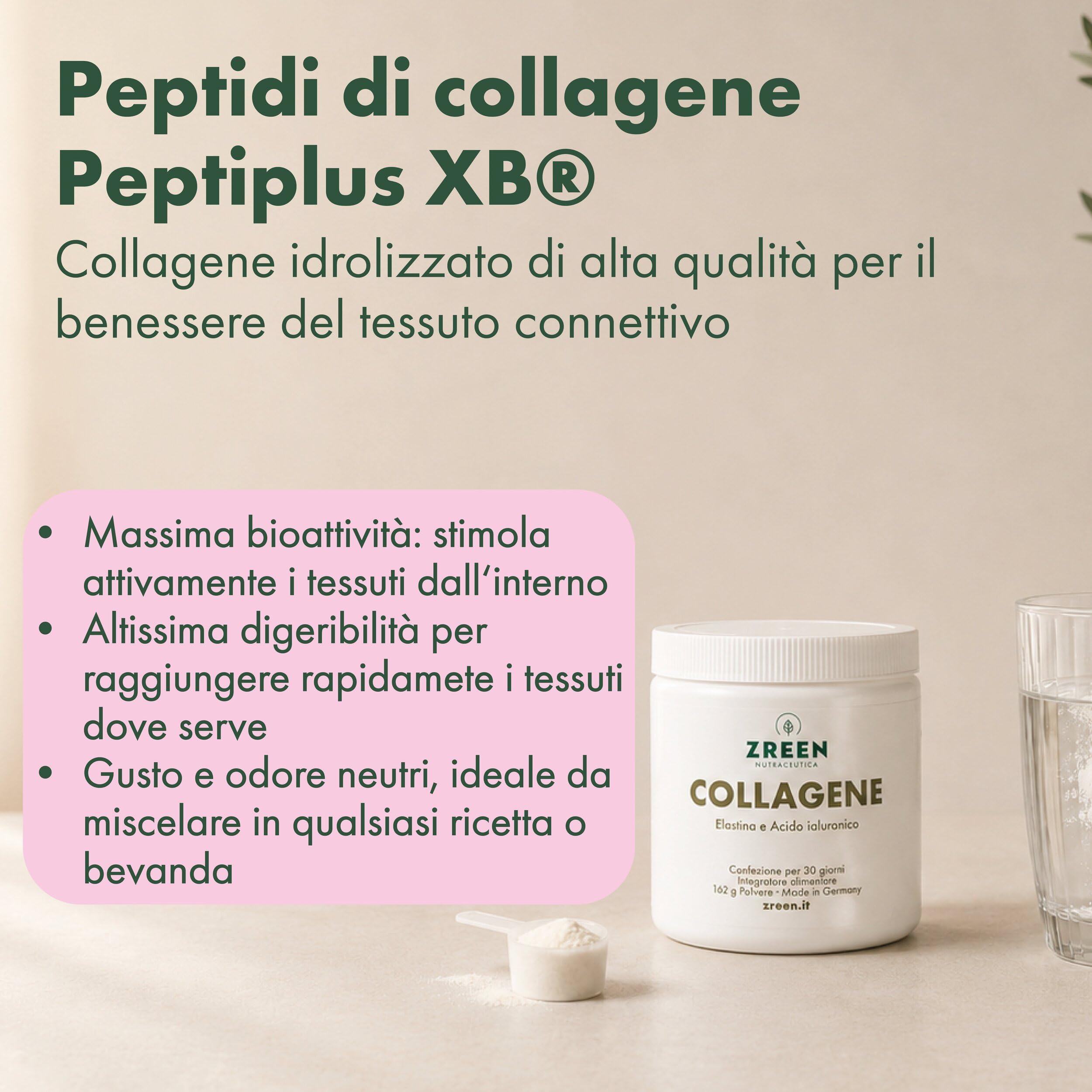 Collagene Idrolizzato con Acido Ialuronico Polvere 162 g | Con Elastina • Collagene Bovino Grass-Fed • Solubile a Freddo e Caldo • Prodotto in Germania