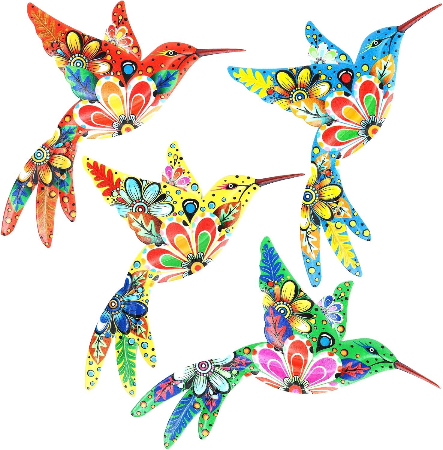 Decoración de jardín de metal para exteriores - Set de 4 colibríes coloridos