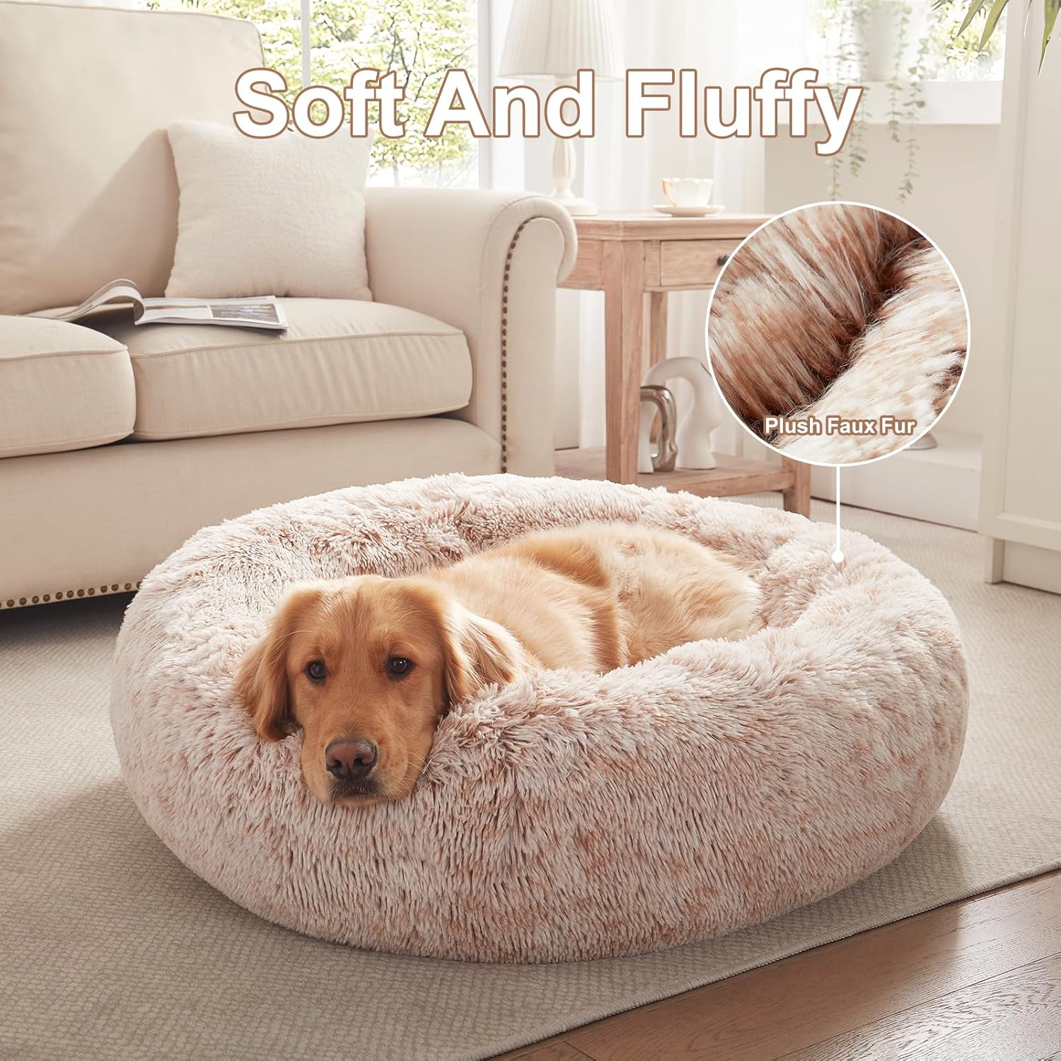 36 inches Donut Dog Bed for Large Dogs -Calming Fluffy Round Pet Bed with Removable & Washable Cover,Fits up to 80 lbs Pets (Brown,Large)