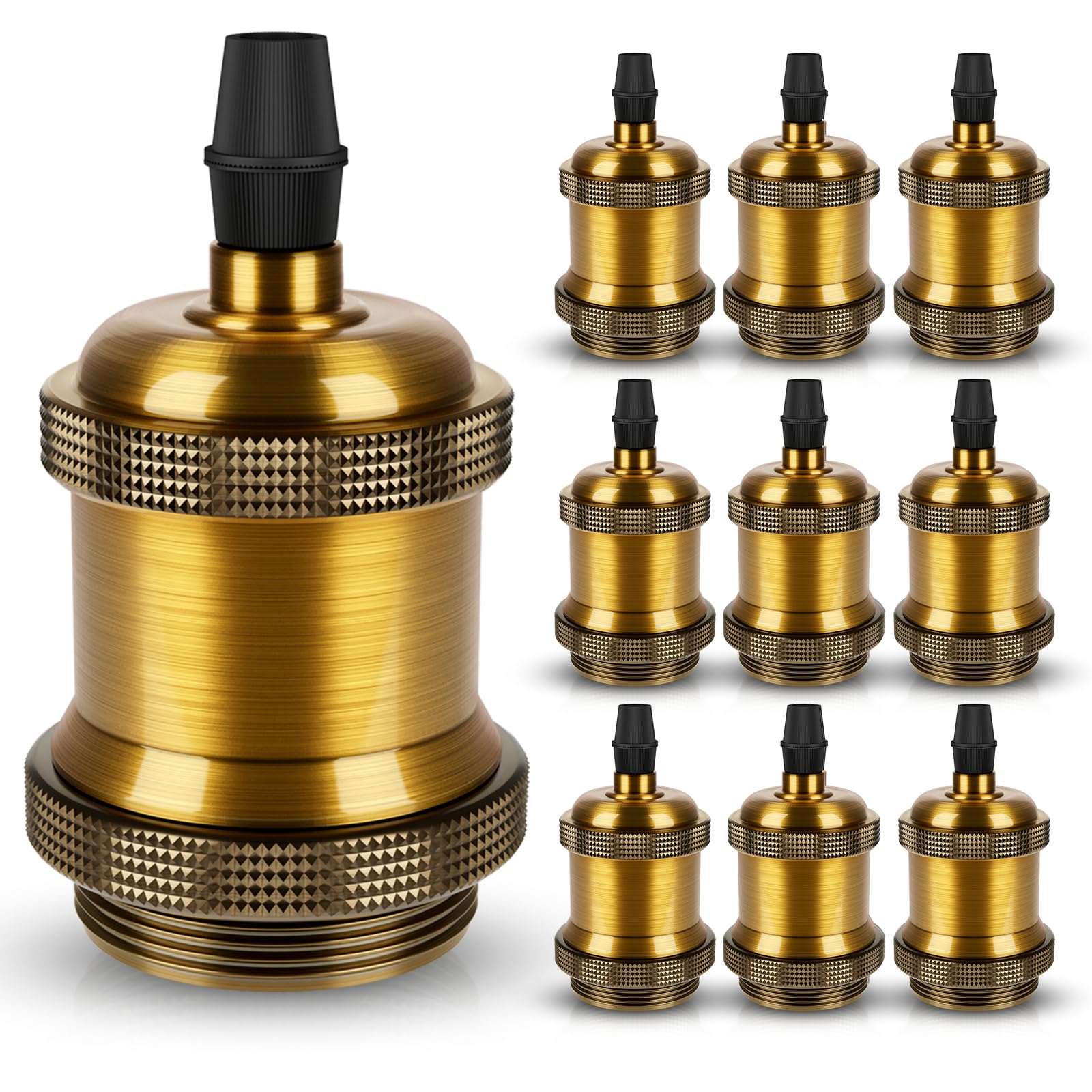 DiCUNO E27 vintage solid Lampenfassung, Aluminium & Keramik Lampenhalter, E27 Sockel für Glühbirne, Antiker-Look für Wand-, Tisch- & Deckenleuchte, DIY Zubehör, Vintage Brass, 10er Pack