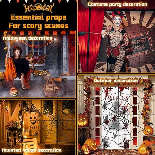 Miniatura 4 de YUNAI Telas de araña para decoración de Halloween al aire libre, arañas falsas gigantes de 4 pies, 16 pies, 12 espirales de tela de araña falsa