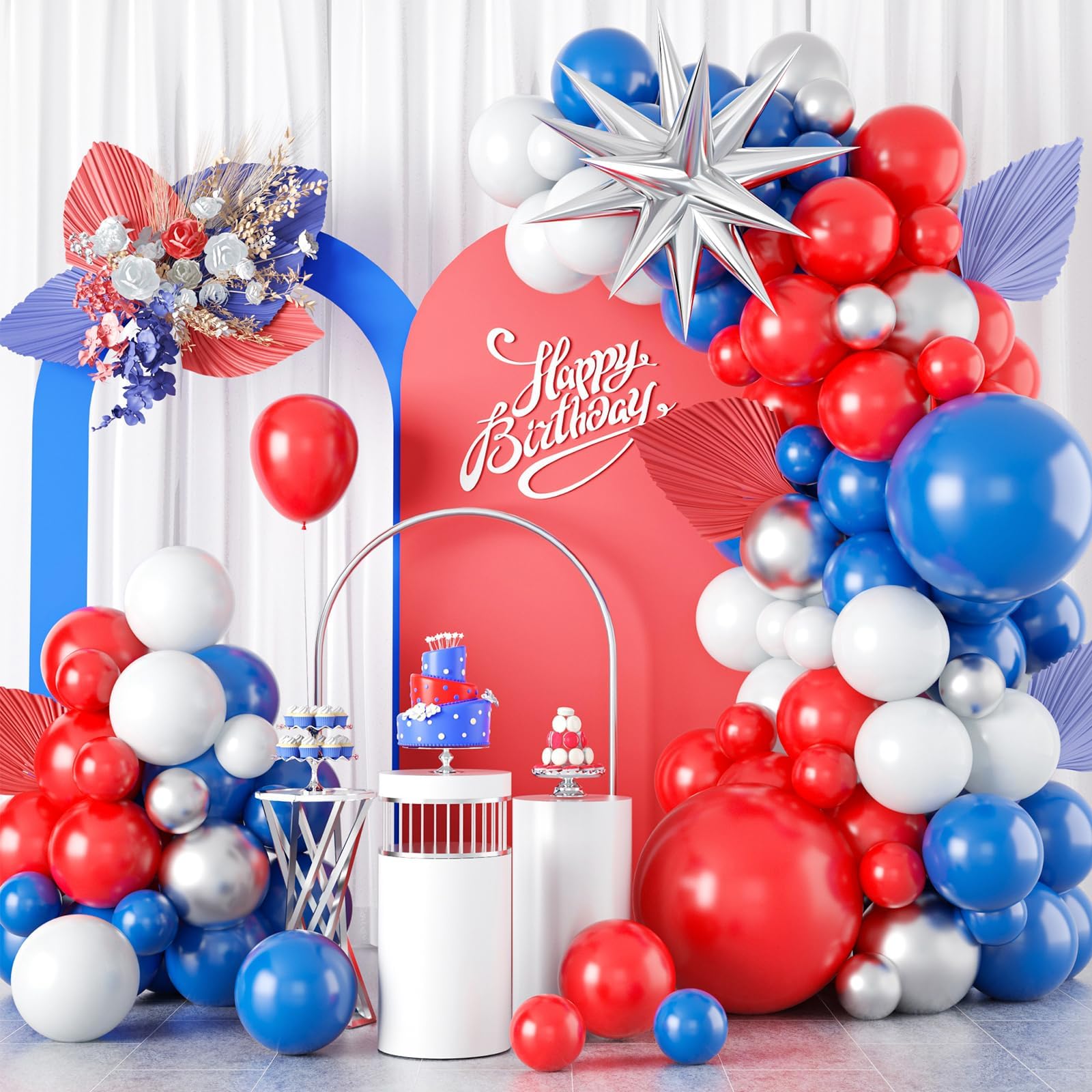 GRESATEK Red and Blue Balloon Garland Arch Kit, Royal White Metallic Sliver Balloons Decor With Exploding Star Foil Birthday Baseball Spider Superman Themed Party Supplies