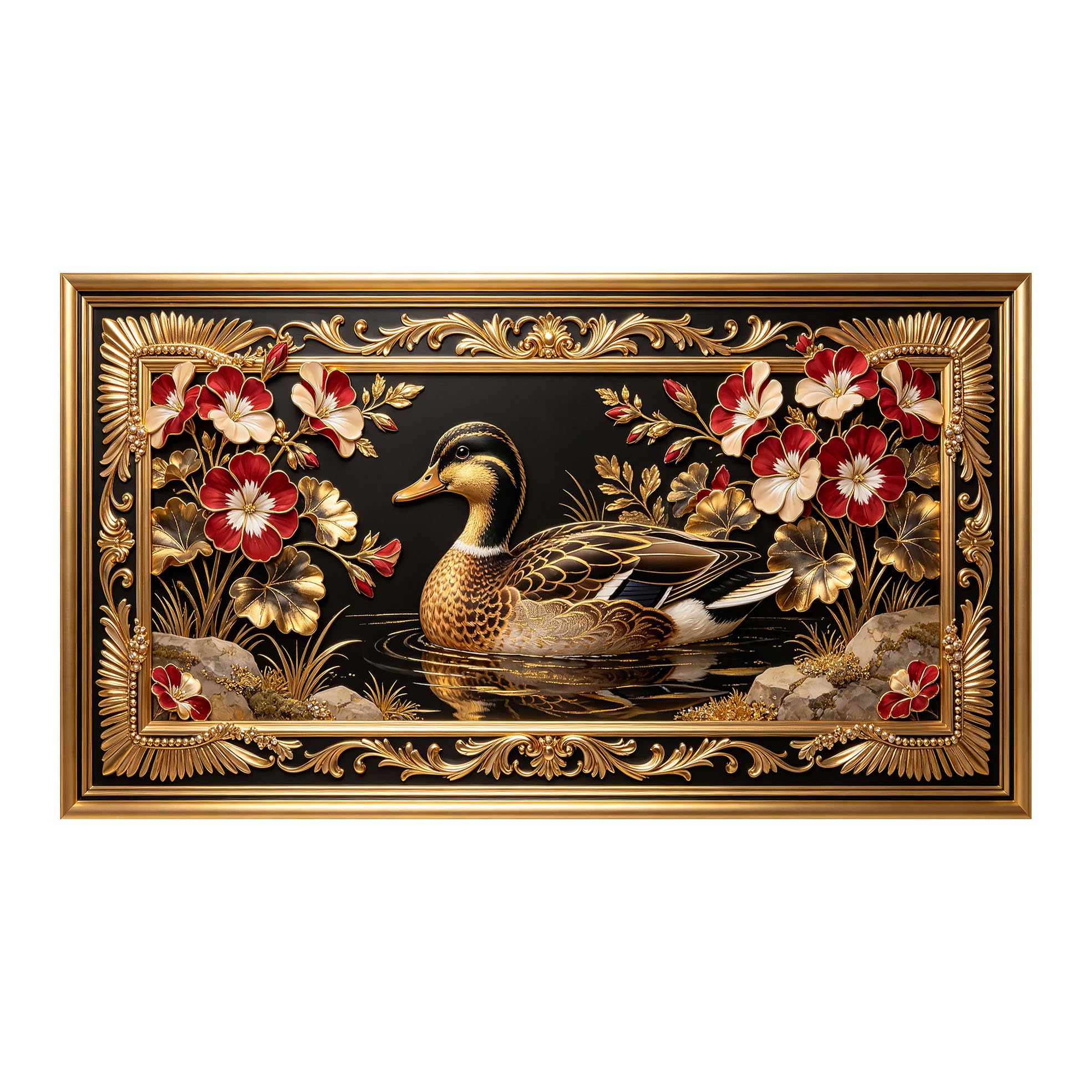 Yzpallescene 3D 3D Framed Wall Art 50cm×90cm Golden Duck Floral Baroque Relief Effect Large Size SelfAdhesive Removable Wall Decor Prints Artwork for Living Room Bedroom Office