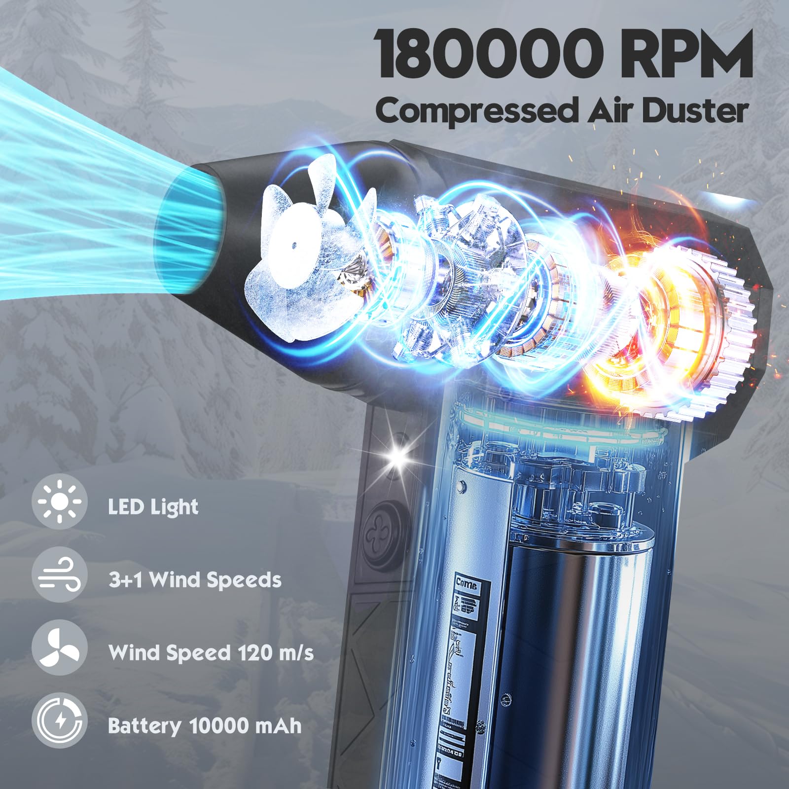 Compressed Air Duster, 180000RPM Electric Air Duster Whit LED Lighting & 9 Brush, 4 Gear Adjustable Turbo Fan, Cordless Air Blower Rechargeable, Air Duster for PC/Laptop/Keyboard/Car/Home Cleaner