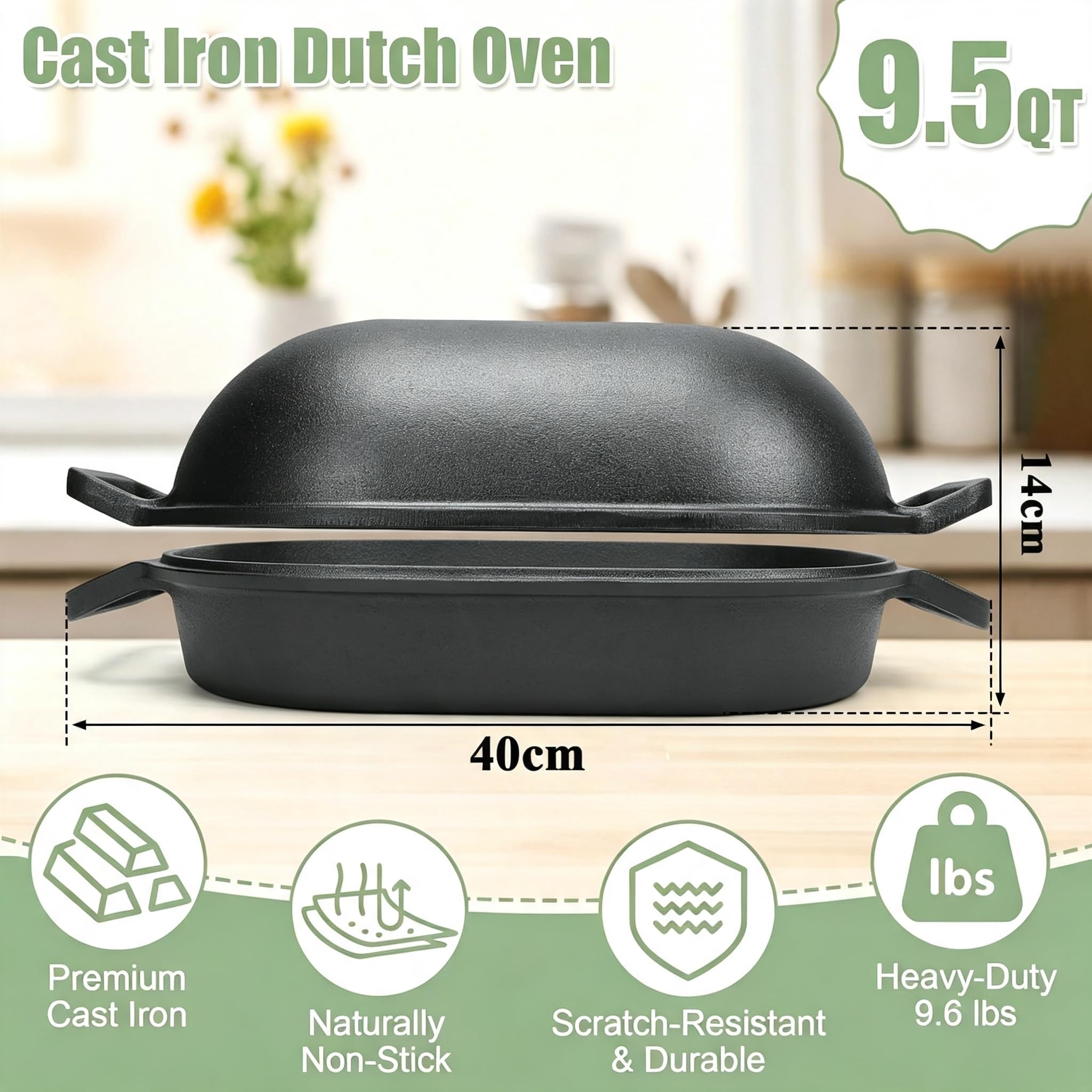 Gusseisen Topf Brot Backen 40cm, Robuste Brotbackform mit Deckel, Gusseisentopf Brotform, Idealer Brottopf Toastbrot Backform mit Brotbacken Zubehör