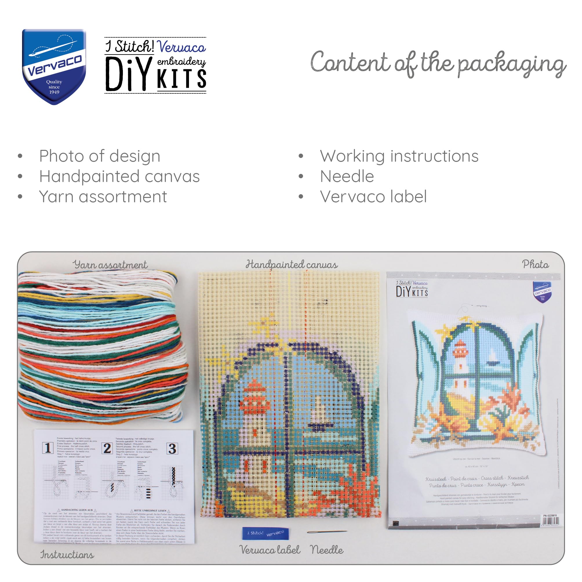 VERVACO Zestaw do Haftu Krzyżykowego Poduszka WIDOK NA MORZE Kanwa z Nadrukiem 40 x 40 cm Gruba Włóczka Akrylowa Zrób to Sam Dekoracja Domu DIY Cross Stitch Kit