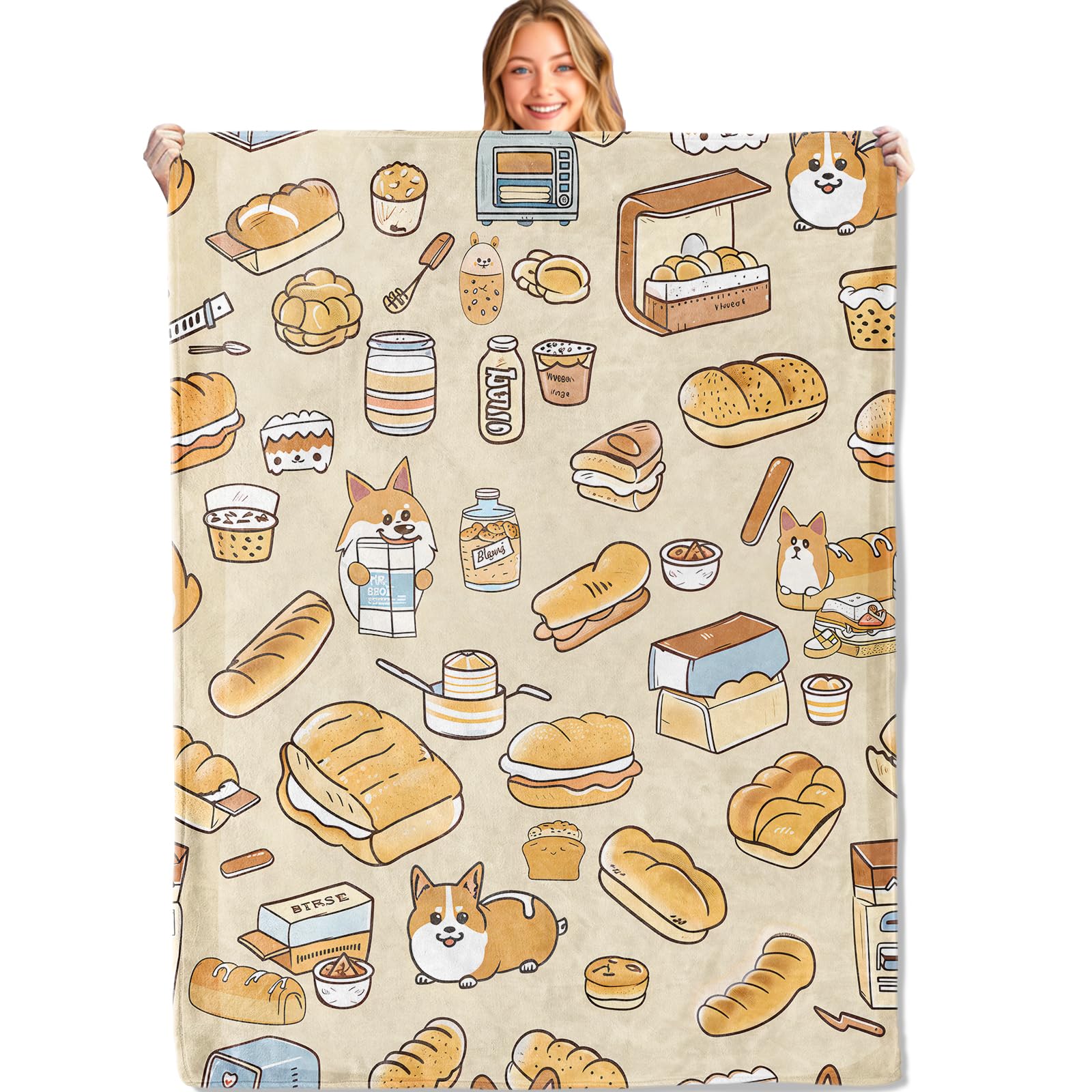 MIEPOS Corgi and Bread Lover's Throw Blanket,50x60in,Soft,Lightweight Flannel,Cute Dog Puppy Food Blankets - Autumn Thanksgiving Gifts for Kids,for