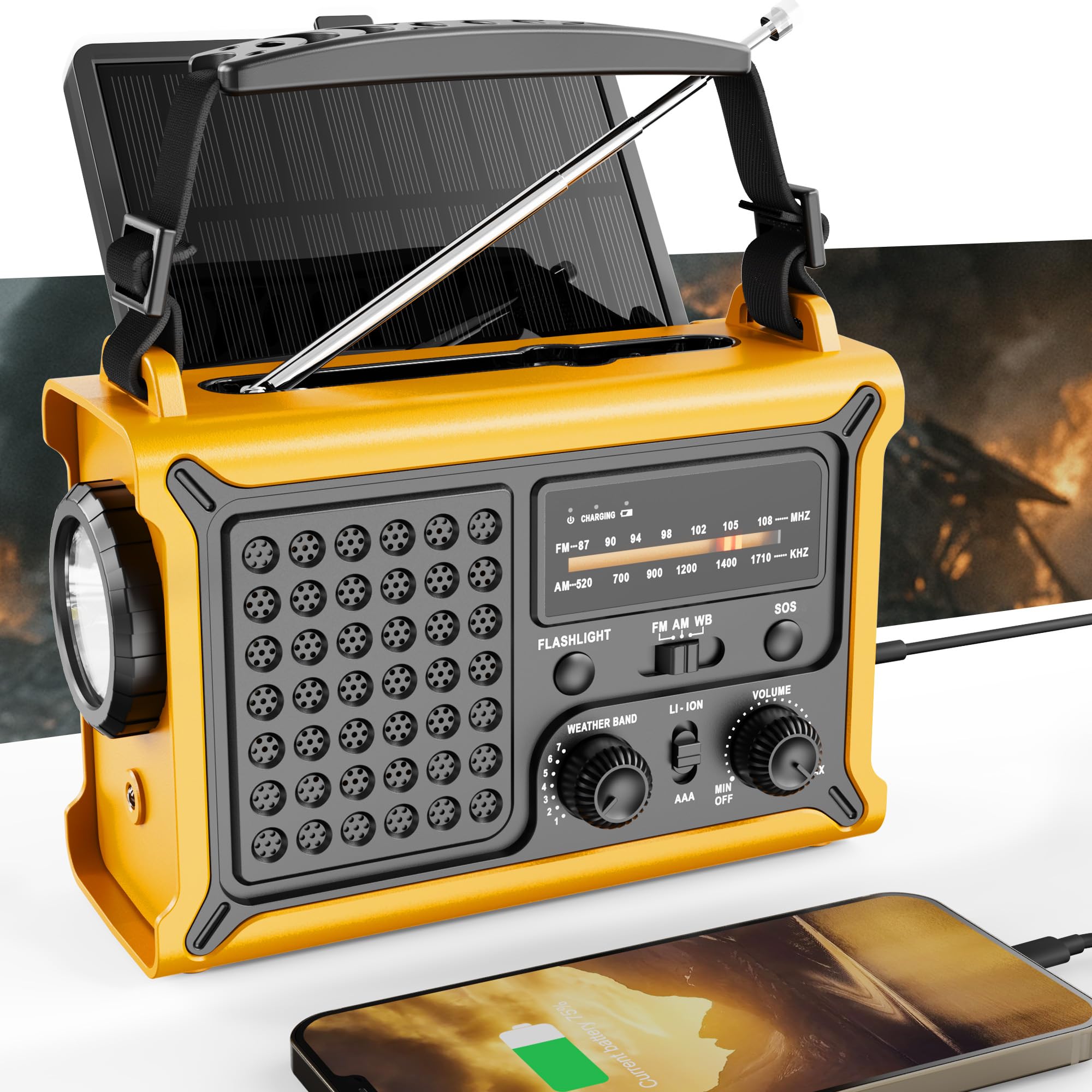 12000mAh Emergency Weather Radio with Solar & Hand Crank, AM/FM/NOAA Weather Alert, LED Flashlight, Reading Lamp, USB Charger, SOS Alarm, Survival Gear for Hurricanes, Camping, Power Outage