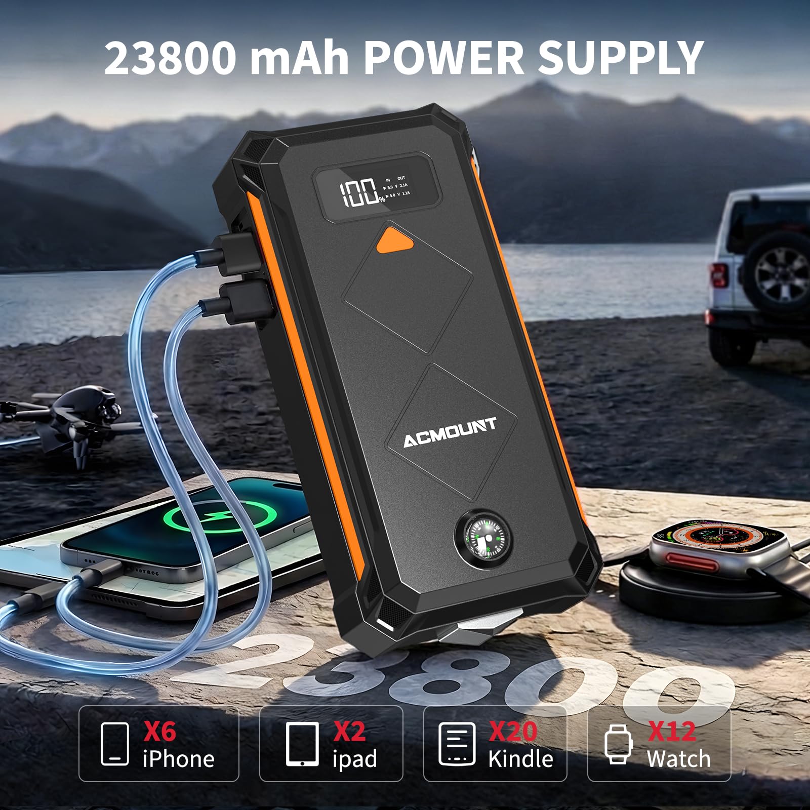 Acmount Avviatore Batteria Auto, 7000A Booster Avviatore Auto per(12L Gas/10L Diesel), Starter Batteria Portatile Jump Starter con LED/LCD Booster Avviamento