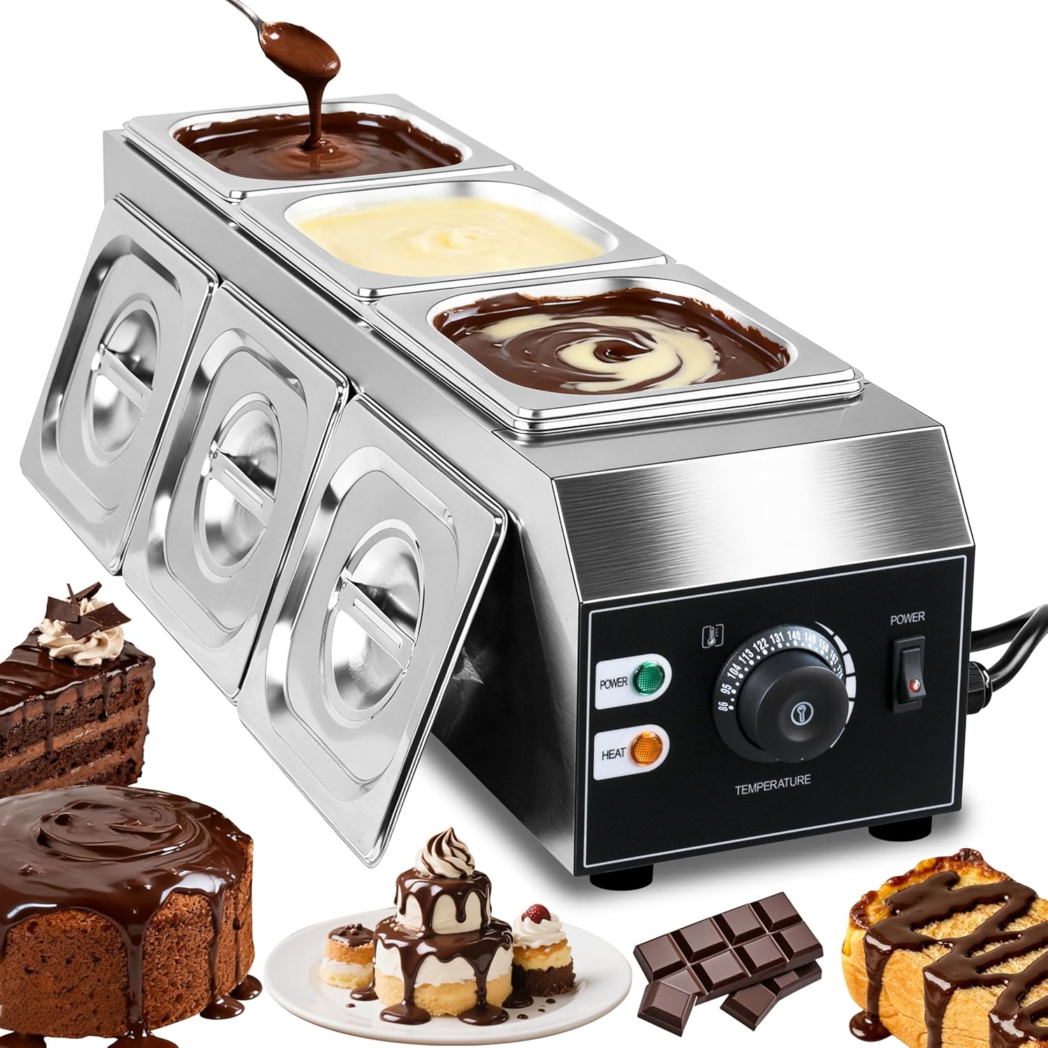 Chocolate Tempering Machine, 3 Tanks Chocolate Melting Pot, 1200W Stainless Steel Commercial Electric Chocolate Melter Fondue Pot for Chocolate, Butter, Cheese, Cream, Candy, Milk, Coffee, Desserts