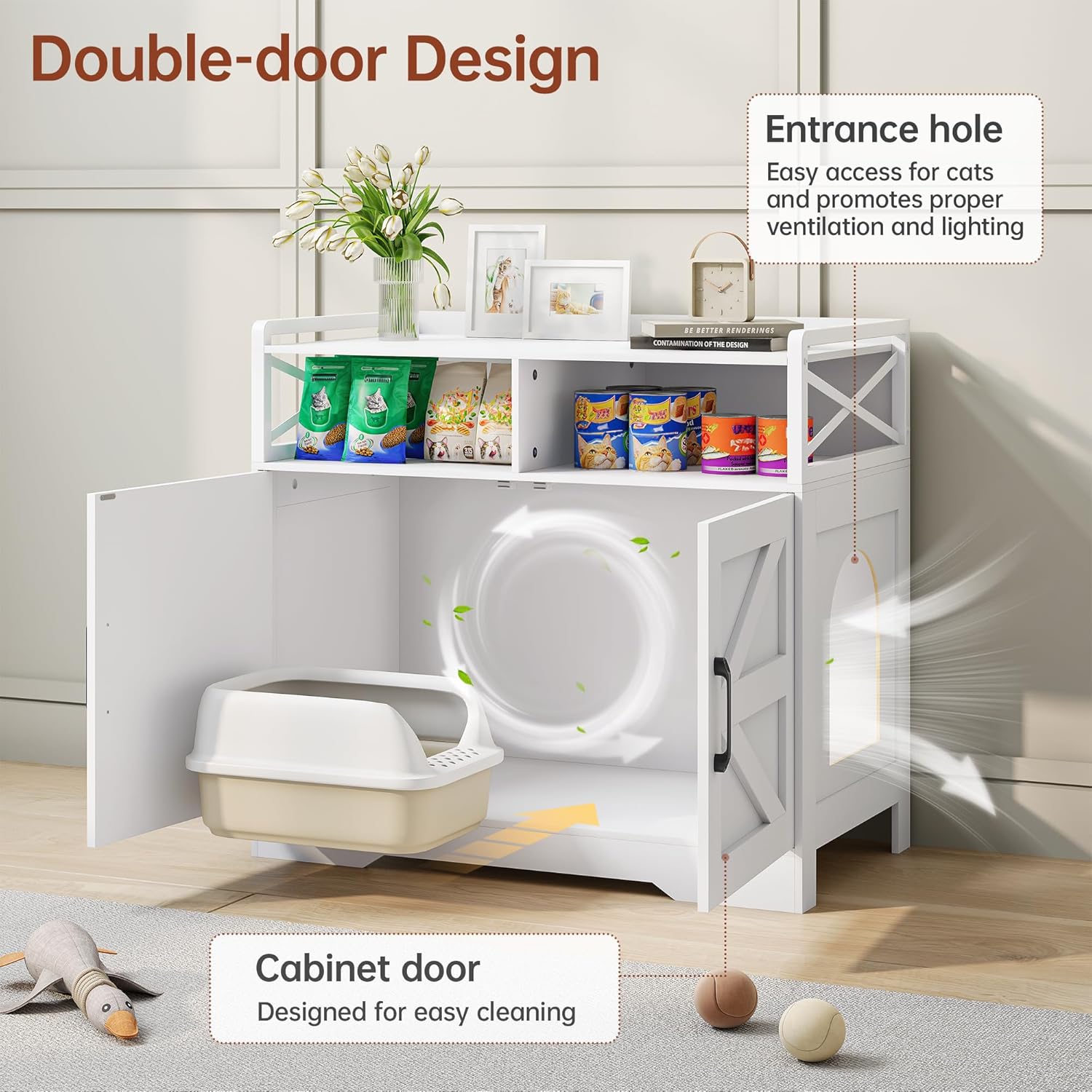 OtterOasis Cat Litter Box Enclosure, Ultra-Large Hidden Litter Box Furniture with Top Opening, Anti-Tipping Fence and 2 Open Drawers, Litter Box Cabinet End Table, White
