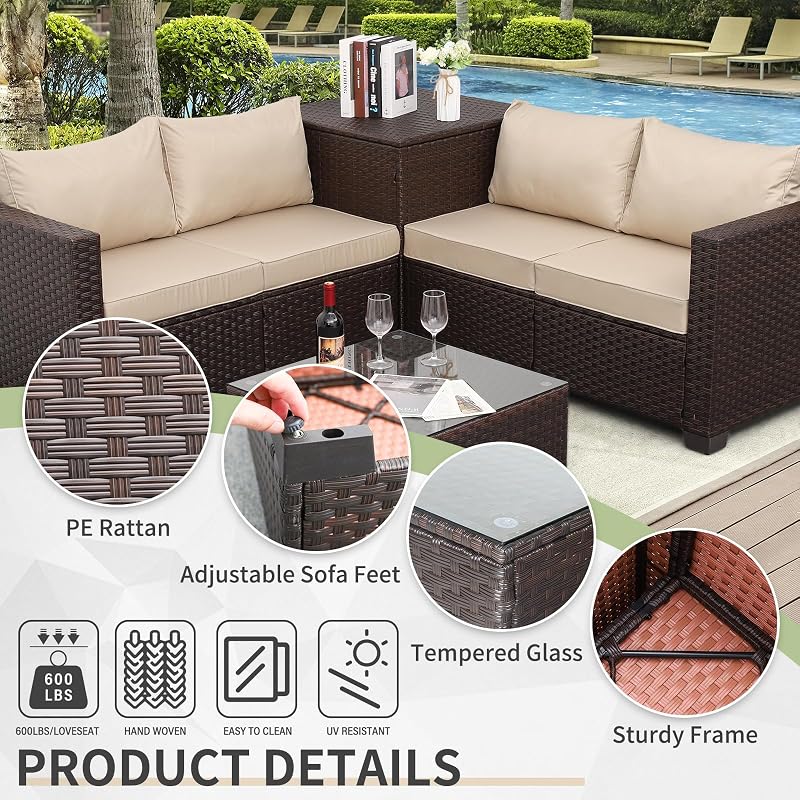 WAROOM Patio Furniture Set 4 Piece Conversation Sets Brown Rattan Outdoor Couch Loveseat Wicker Sectional Sofa with Storage Box Glass Top Table, Khaki Cushion image 4