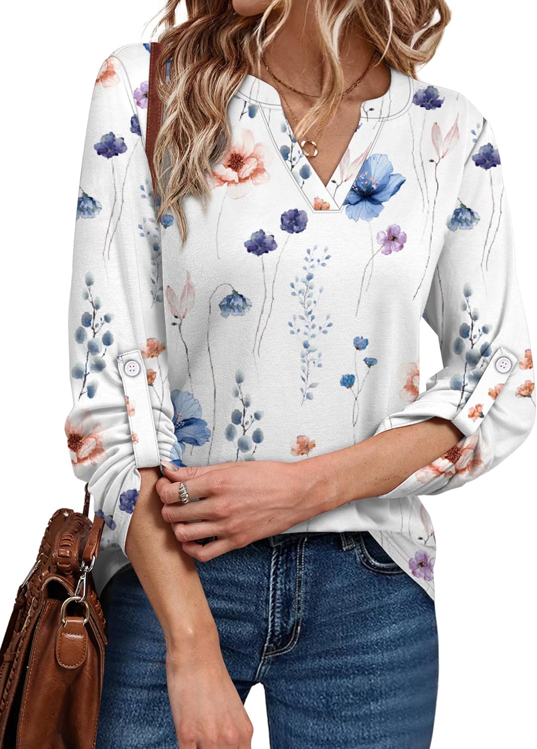 WIHOLL Womens Spring Summer Fall Fashion Casual Ladies Basic Rolled Up 3/4 Long Sleeve Floral Shirts V Neck Tunic Blouses and Tops 2025 for Work L - Image 2