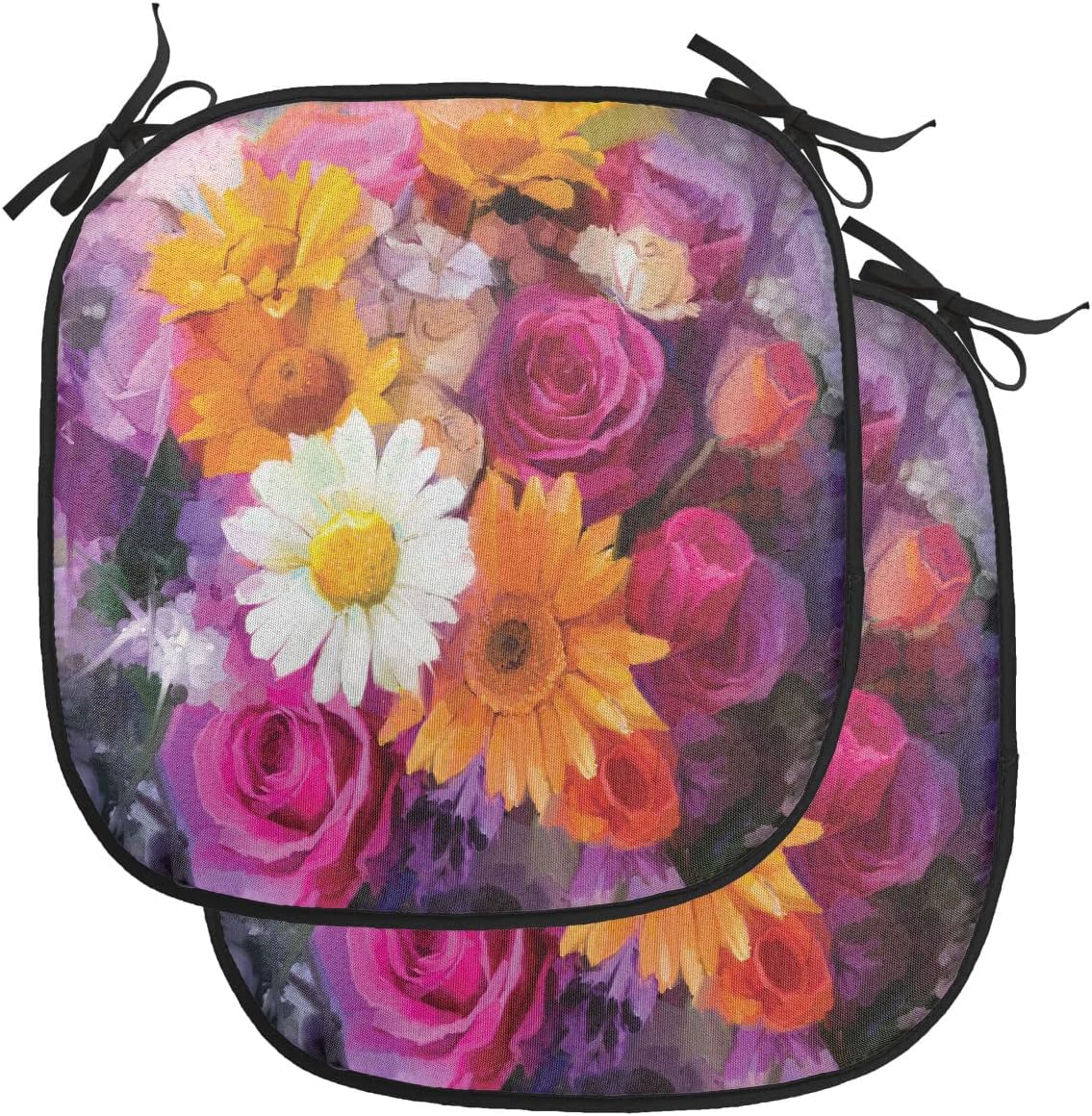 Lunarable Watercolor Flower Chair Cushion Pads Set of 2, Bouquet Design Rose Daisy and Gerbera Bridal Romantic Print, Anti-Slip Seat Padding for Kitchen & Patio, 16"x16", Purple Orange Pink