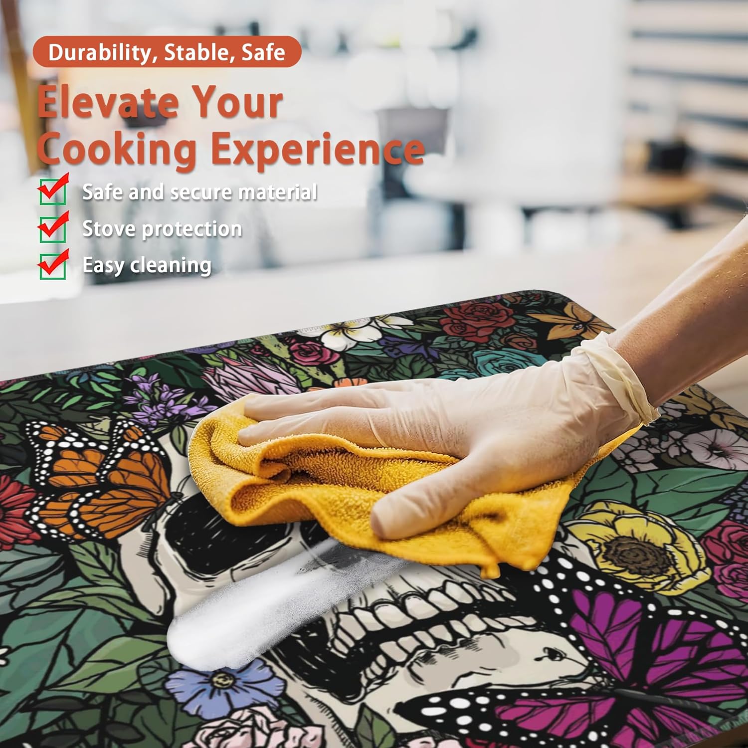 Stove Top Cover for Electric Stove,Abstract Skull Heat Resistant Glass Cooktop Cover,Mexican Skeleton Butterfly Multipurpose/Counter/Washer Top Protector,Dishwasher Safe Natural Rubber(28"x19.5")