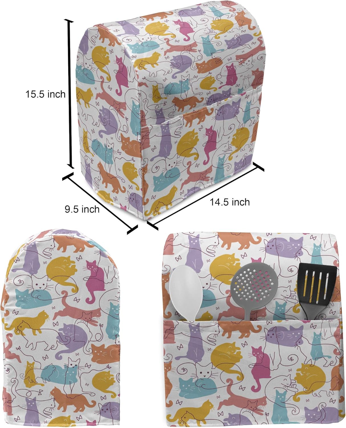 Ambesonne Cat Stand Mixer Cover, Colorful Cat Silhouettes and Outlines Bow Ties Sleeping Playing Happy Joyful, Kitchen Appliance Organizer Bag Cover with a Pocket, 6-8 Quarts, Pink Orange