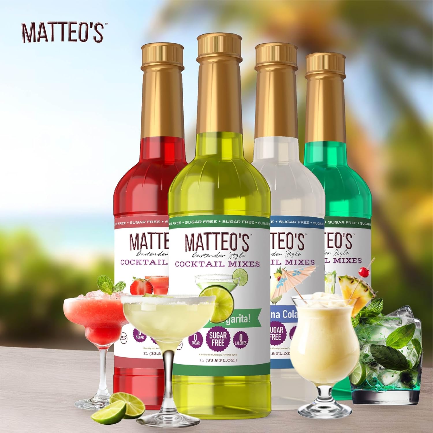 Matteo's Cocktail Syrup Set Flavored Drinks - Unsugared Mixologist-Crafted Tastes for Cocktails - Set of 4 Variety Pack with Mojito, Margarita, Pina Colada, Strawberry Daiquiri- 33.8 oz, 4 Pack