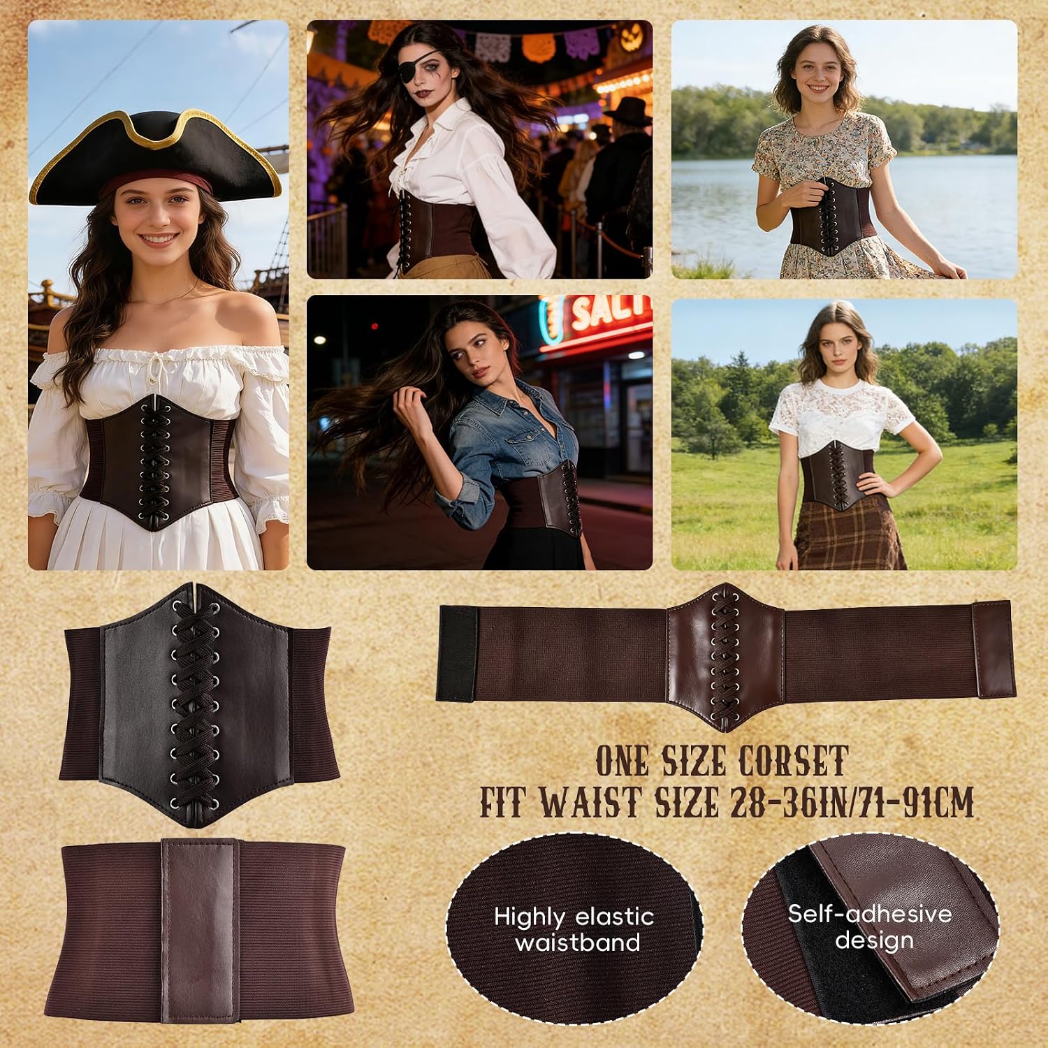 Pirate Costume Accessories Women Men with Head Scarf Medieval Corset Eye Patch Necklace Sash Belt for Cosplay image 4