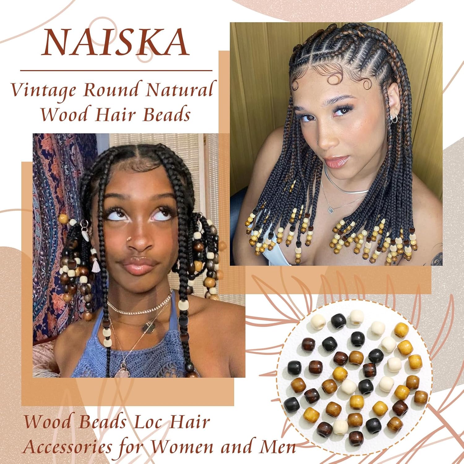NAISKA 60Pcs Wooden Hair Beads for Braid 5 Color Natural Wood Bead Loc Dreadlock Accessories Hair Tube Cute Braids Decoration Jewelry Making Braid Clips for Women and Men - Image 4