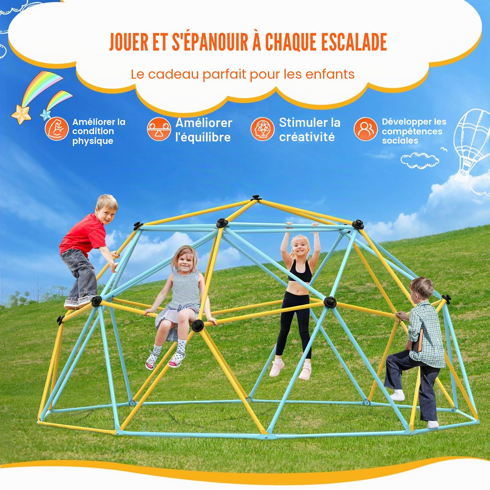 VEVOR Dôme d'escalade, Salle de Sport de la Jungle supporte 340,2 kg et Assemblage Facile, Centre de Jeu géométrique de 3 m pour Enfants de 3 à 10 Ans, avec poignée d'escalade, équipement de Jeu