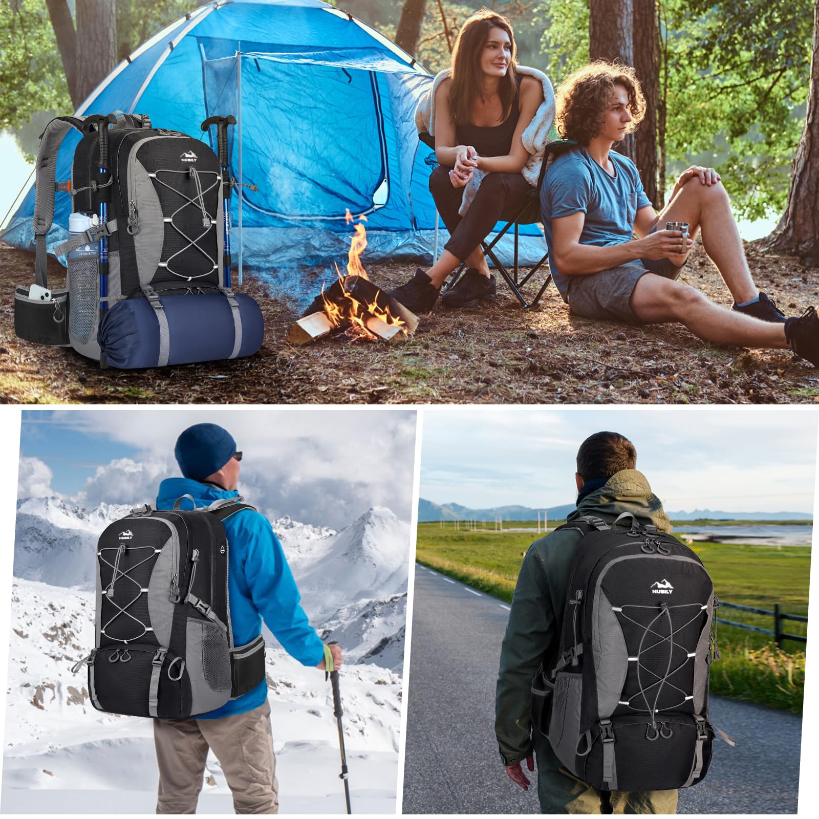 Mochila Senderismo Hombre Impermeable 50L Mochila de Camping Ligera Negro