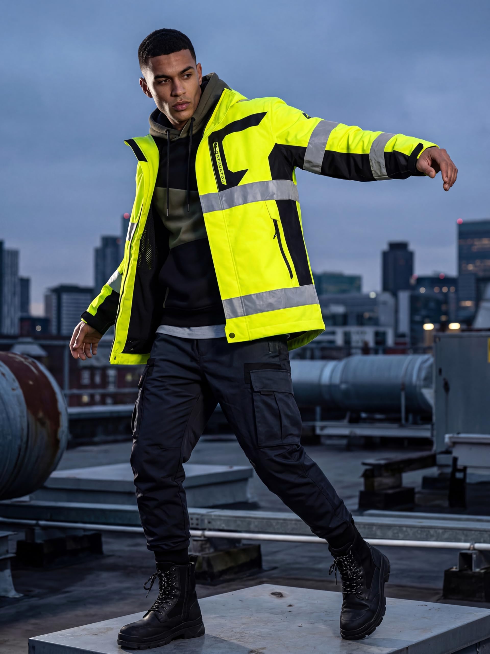 ACE Constructor HiViz Kurtka przeciwdeszczowa – wodoodporna kurtka ostrzegawcza z elementami odblaskowymi i kapturem – zgodna z normami EN ISO 20471 i EN 343 – rozmiary od S do 4XL