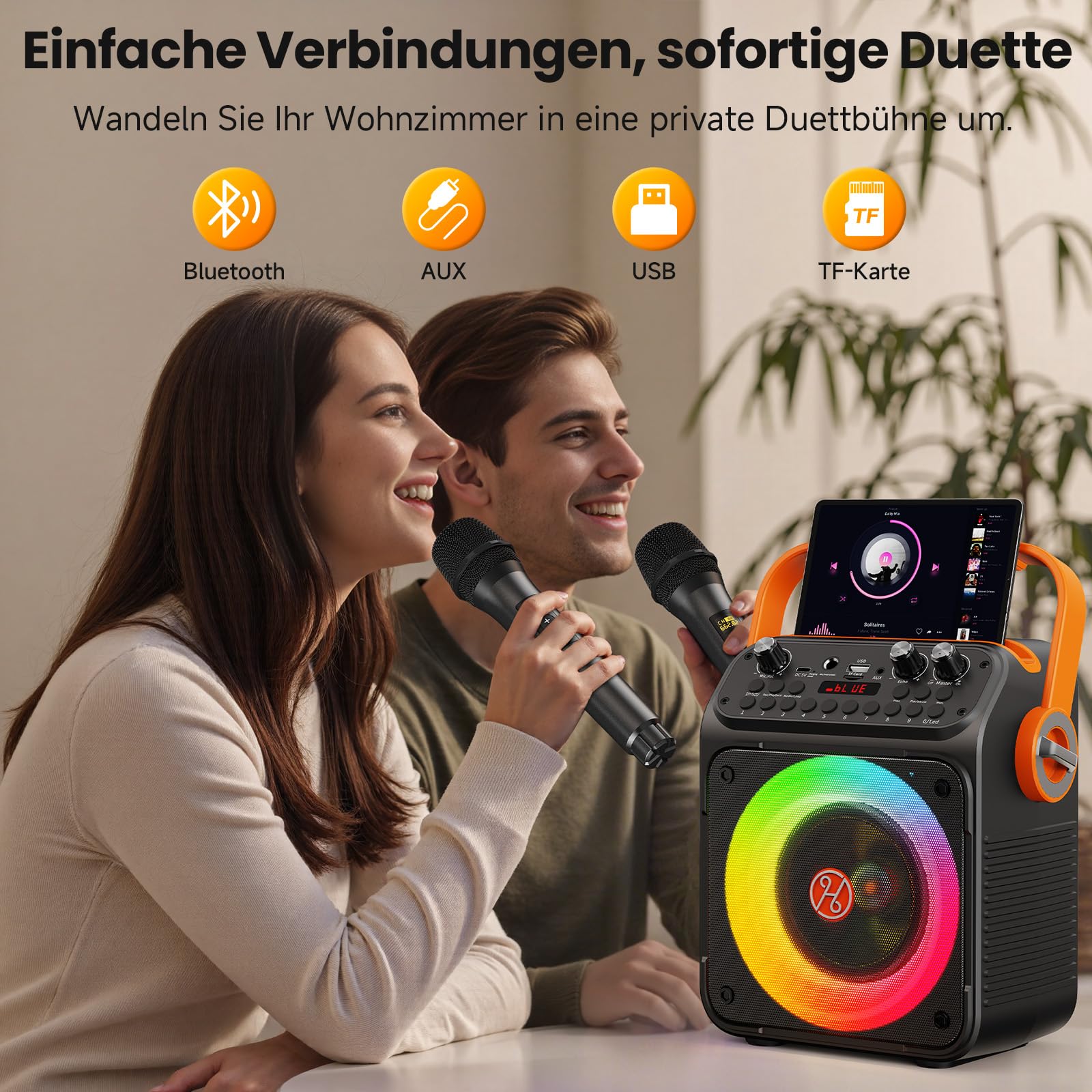 HWWR Karaoke Maschine mit 2 Mikrofonen, Bluetooth 5.3 Lautsprecher mit LED-Lichteffekten und Echo-Regelung, tragbare Karaoke Box mit USB/AUX/TF/FM, für Kinder und Erwachsene