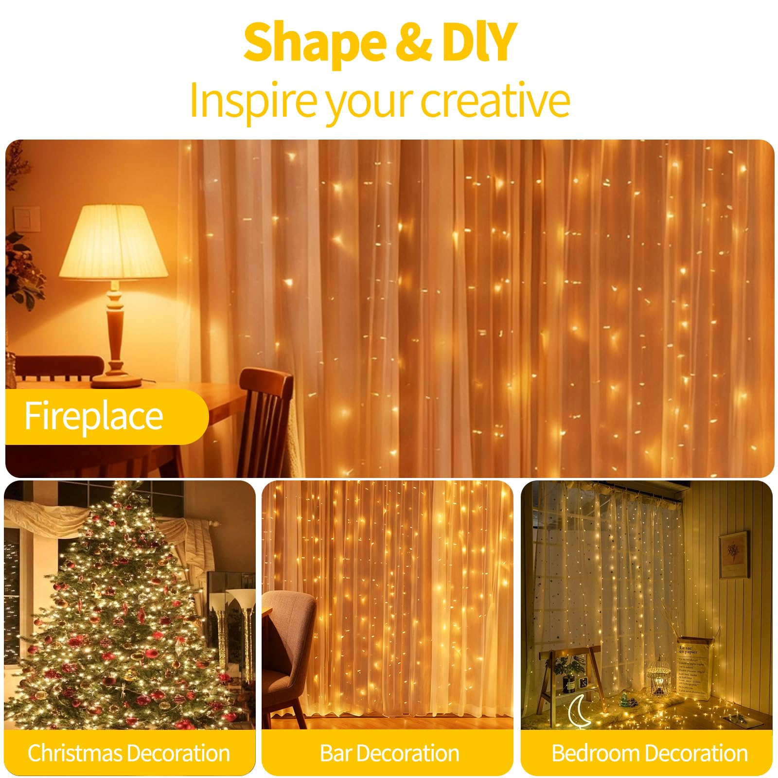 CNMTCCO Cortina de Luces, 300 LED 3x3m 8 Modos Cadena de Luces con Remoto,Alimentadas por USB, Resistente al Agua, Guirnaldas Luminosas para Navidad, Ventanas, Fiestas, Bodas, Interior, Exterior