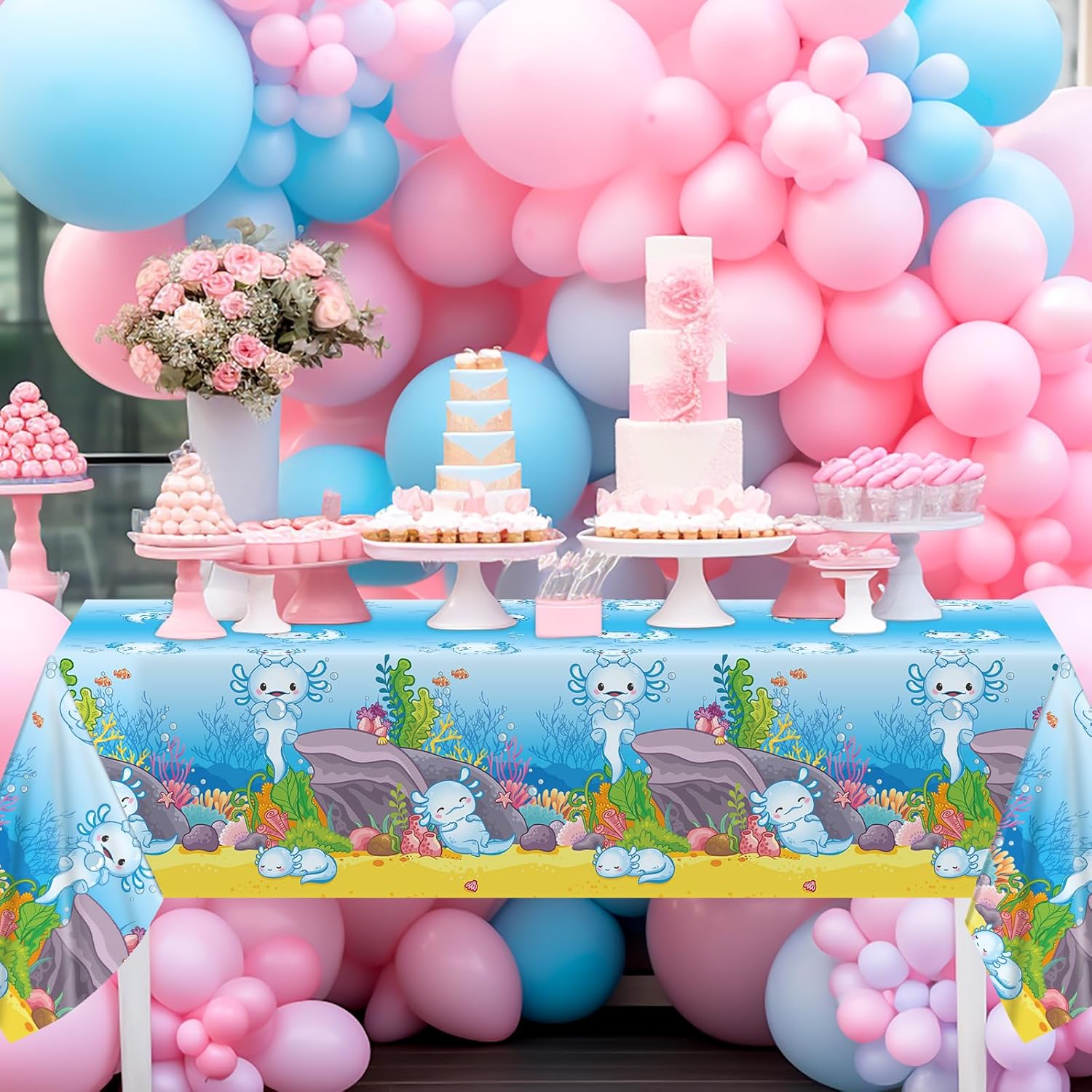 chiazllta 3Pcs Axolotl Party Birthday Decoration Blue Cartoon Axolotl Tablecloth Plastic Reptile Animal Tablecover Waterproof Rectangle Table Cover for Axolotl Baby Shower Party Supplies 108 x 54in
