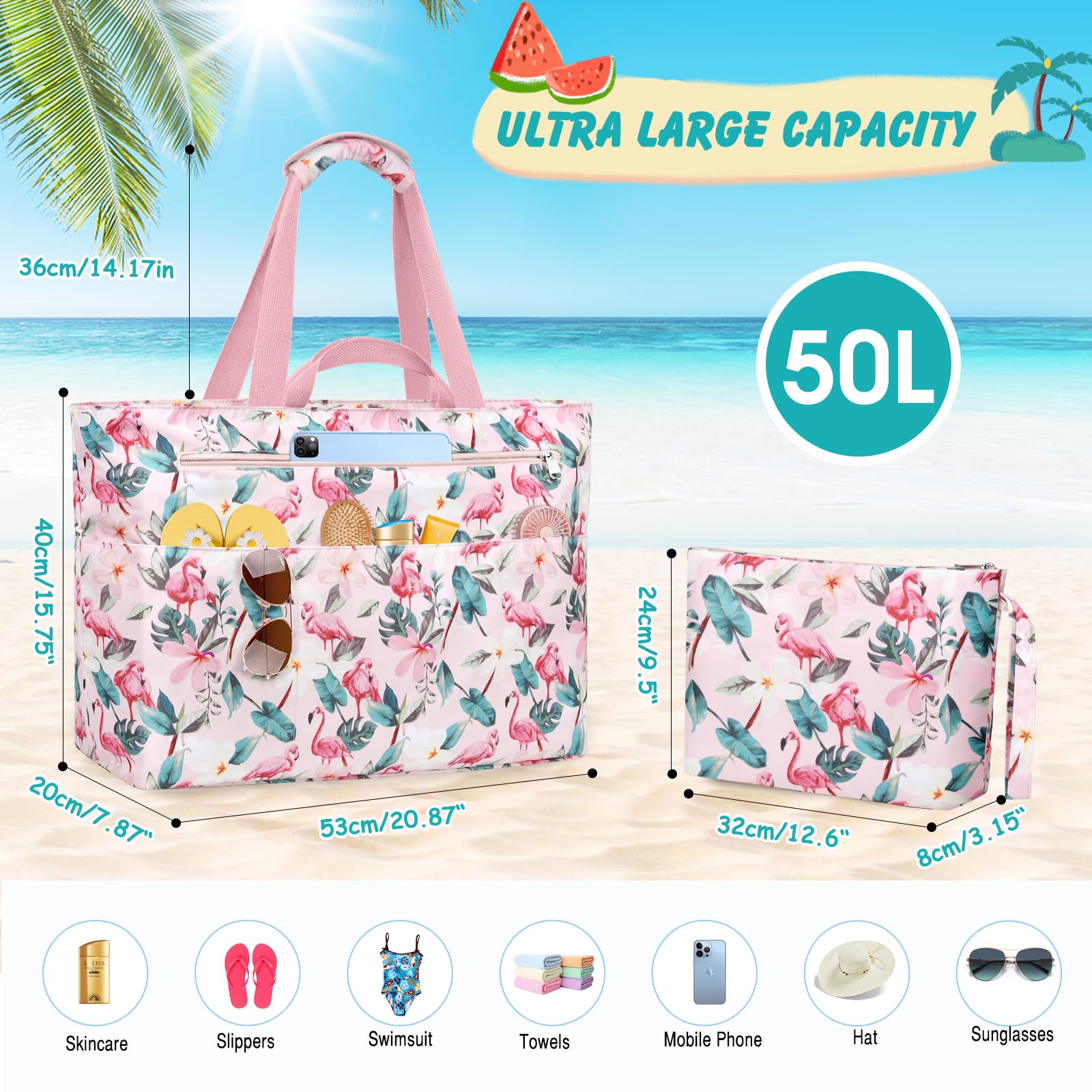 Bolsa Playa Mujer Grande Xxl Familiar Bolsos Playa Con Cremallera Beach Bag Plegable Bolsa Viaje Ligero Tote Bag Mujer Para Playa, Viajes, Picnic. 50L