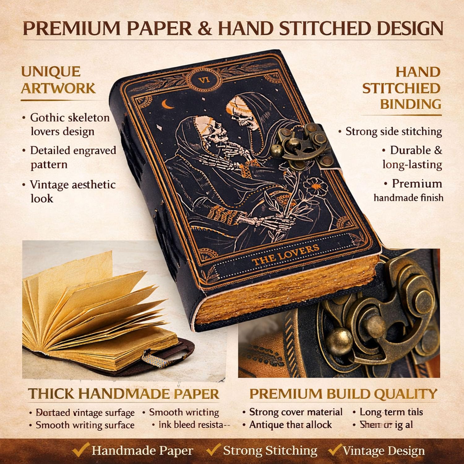 C CUERO Book of Spells Journal en cuir papier à bords frangés grimoire - Journal imprimé The Lovers Tarot - Carnet à spirales - Gothique - Amateur de crâne - Journal vintage en cuir pour homme et