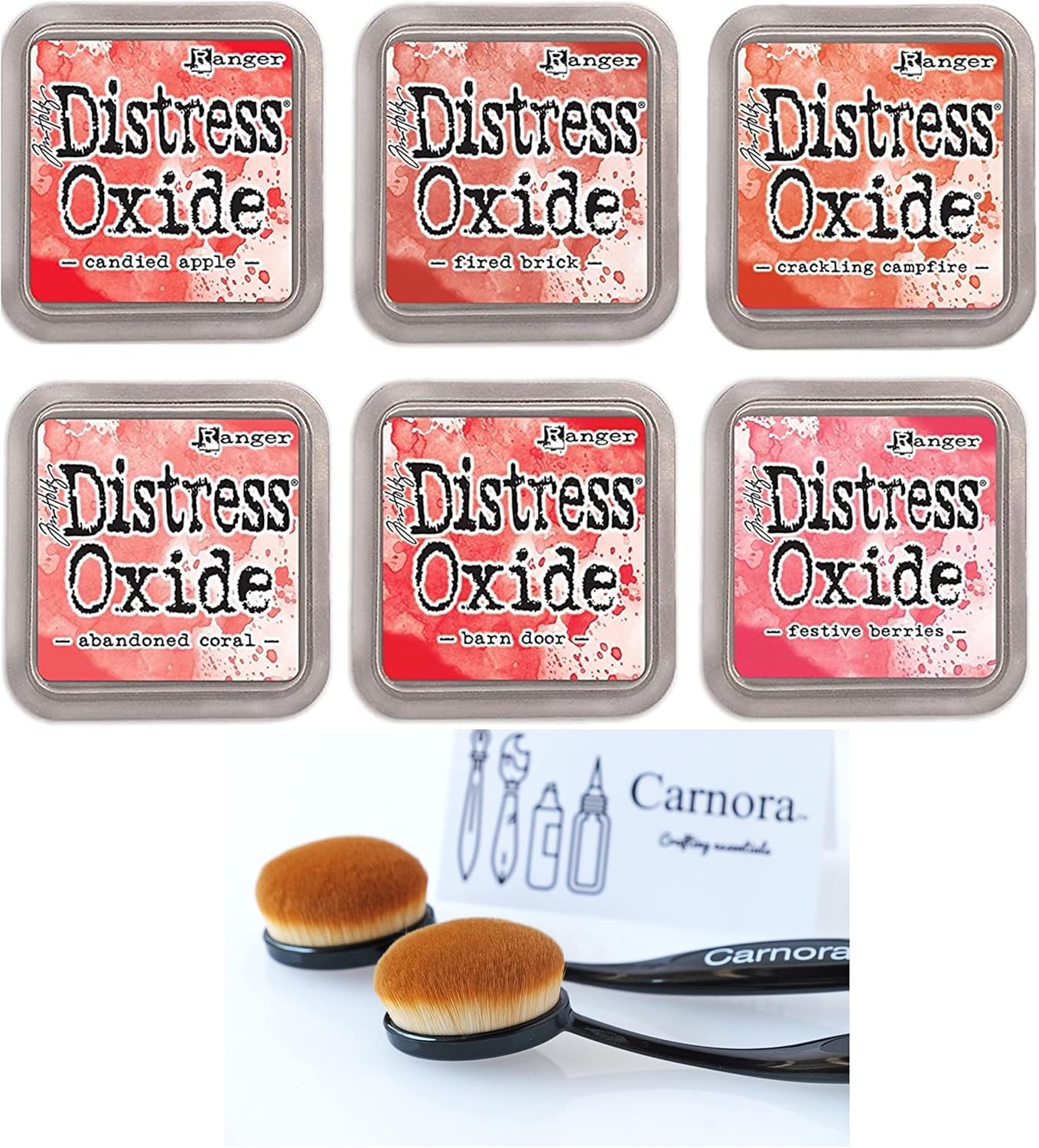 Tim Holtz Ranger Distress Oxide Ink, 6 Shades of Red/Orange, Crackling Campfire, Candied Apple, Abandoned Coral, Fired Brick, Festive Berries, Barn Door, 6 Inks, 2 Carnora Blending Brushes, 8 Items