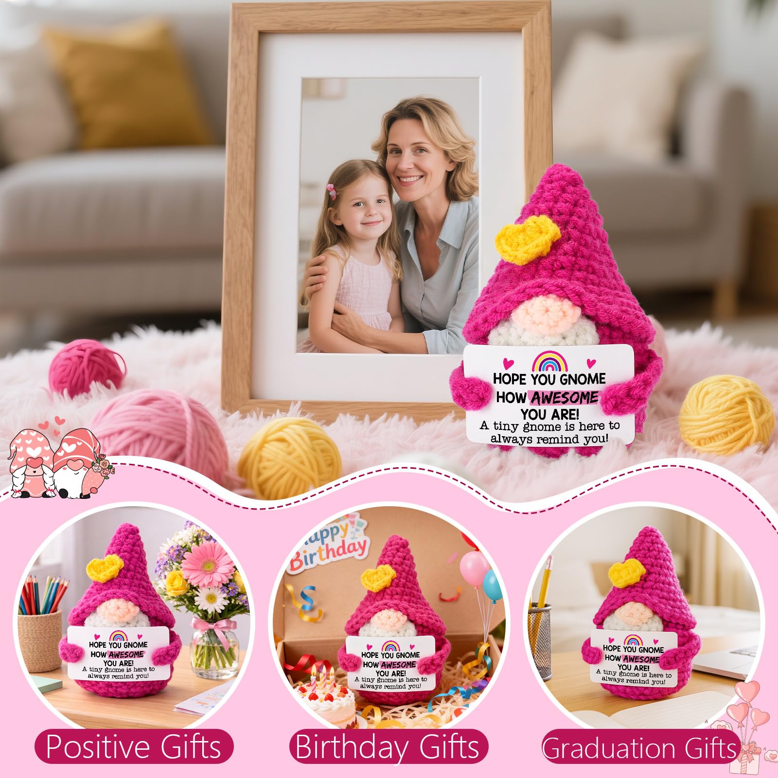 Inspirational Gifts for Women Girls - Funny Crochet Gnome Birthday Gift for Her College Friends Coworker Teen Girls Teacher, Stress Relief Cheer Motivational Positive Support Presents