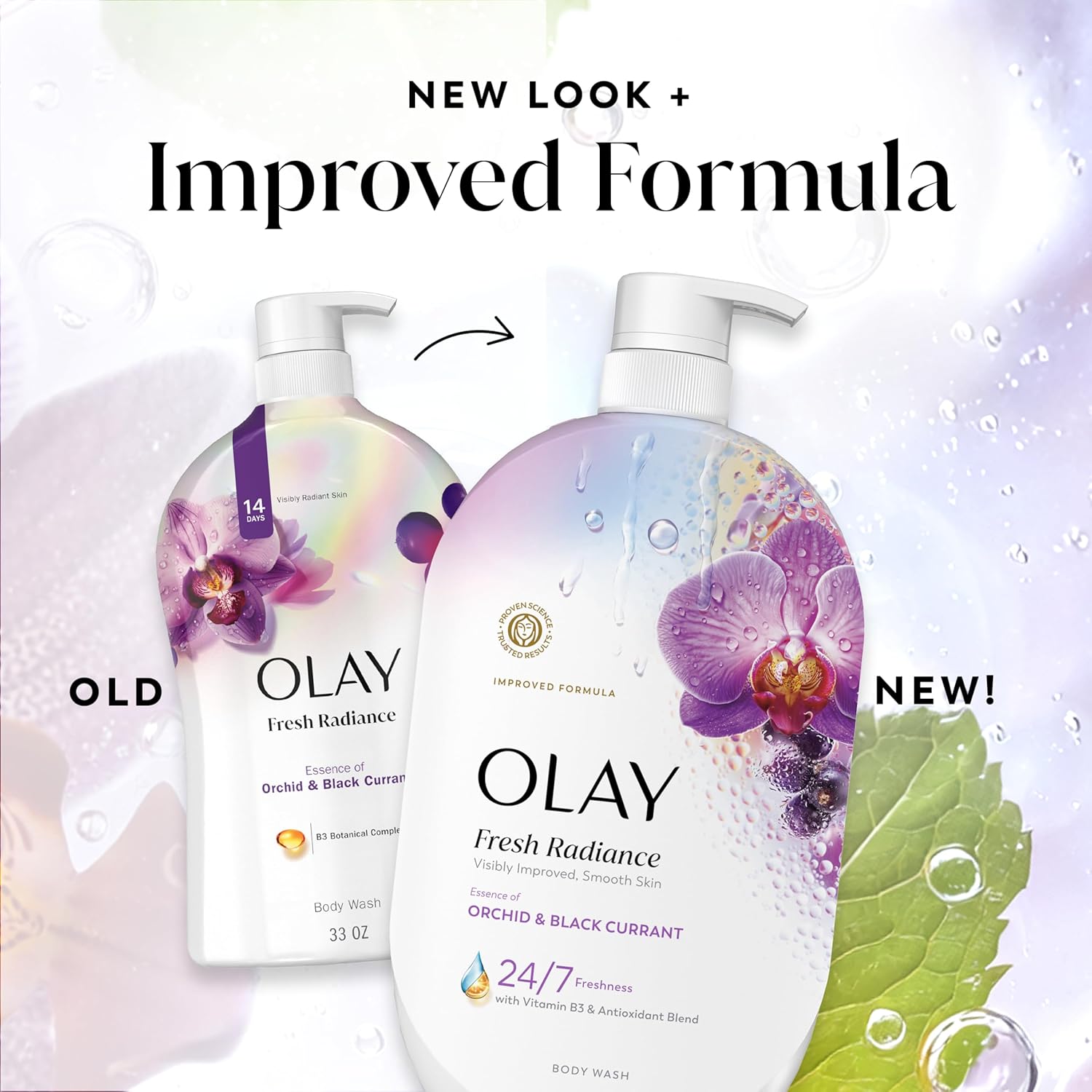 Olay Body Wash for Women, Fresh Radiance, 24/7 Skin-Loving Freshness, Visibly Radiant, Plant Based Cleansers, Vitamin B3 & Antioxidant Blend, For All Skin Types, Orchid & Black Currant Scent, 35 fl oz - Image 9