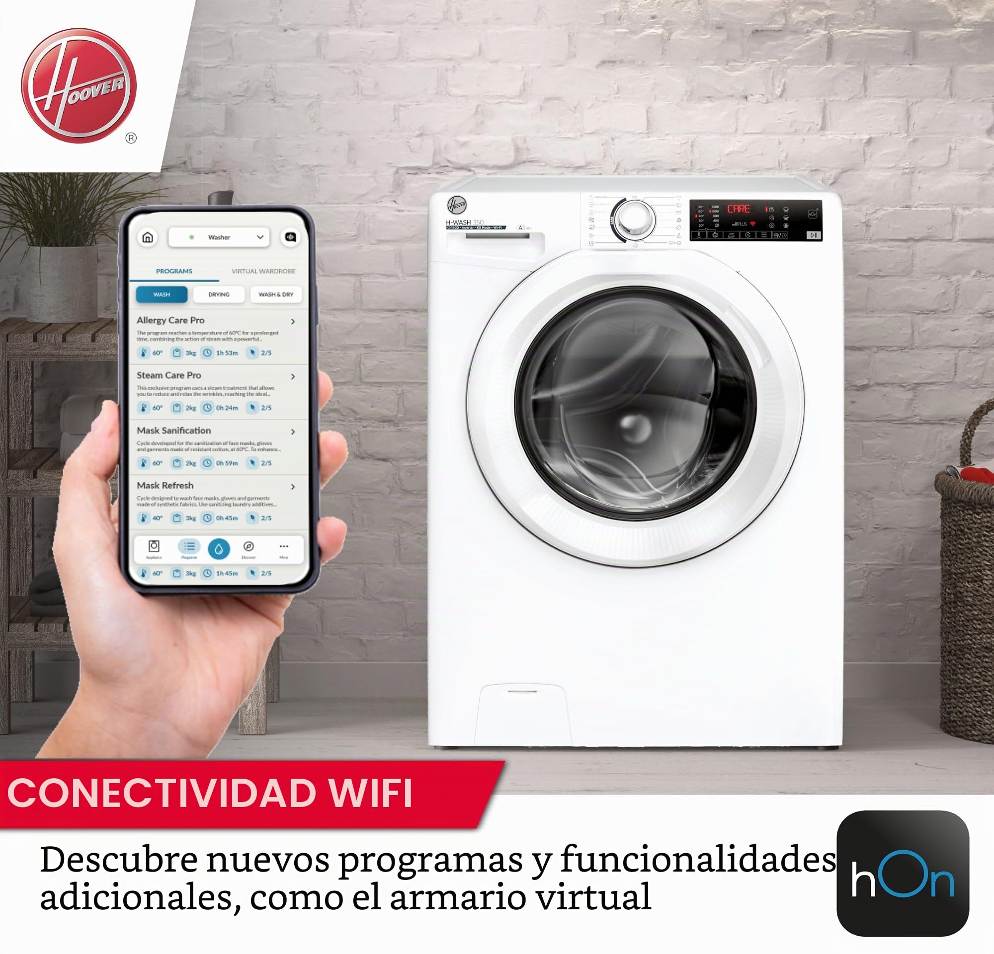 Hoo ver, Lavadora Slim H-WASH 350, H3WP4474TAM6/1-S, Máquina de carga frontal, 7 kg, Clase A-10%, 1200 revoluciones, 77 dB, Vapor, 16 programas, Inicio retrasado, Blanco, AxLxP 85x60x45 cm