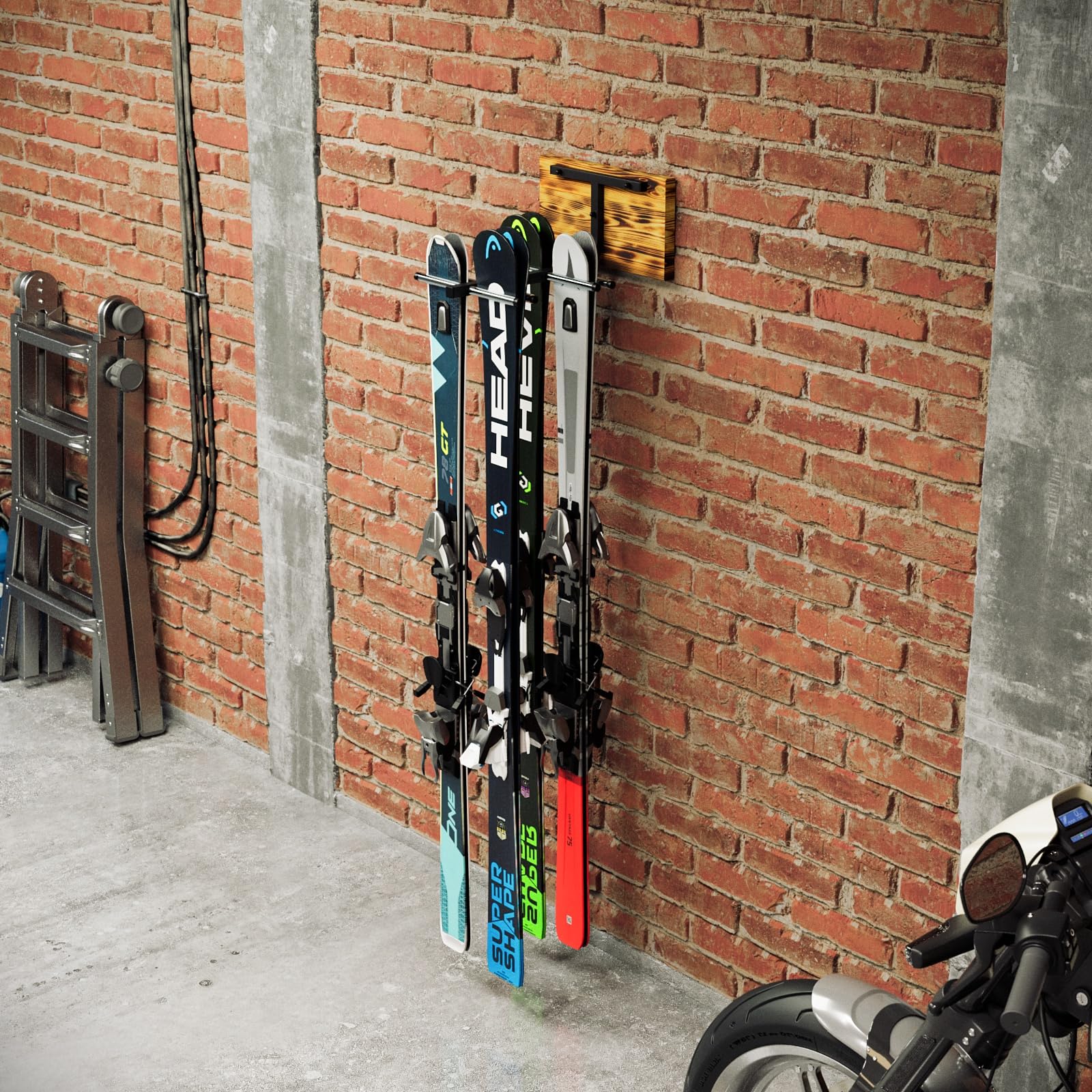 QLS Support de ski N4 mural pour 4 paires de 37 cm en acier et bois - Patère en bois - Pour marche nordique et trekking - Porte-skis