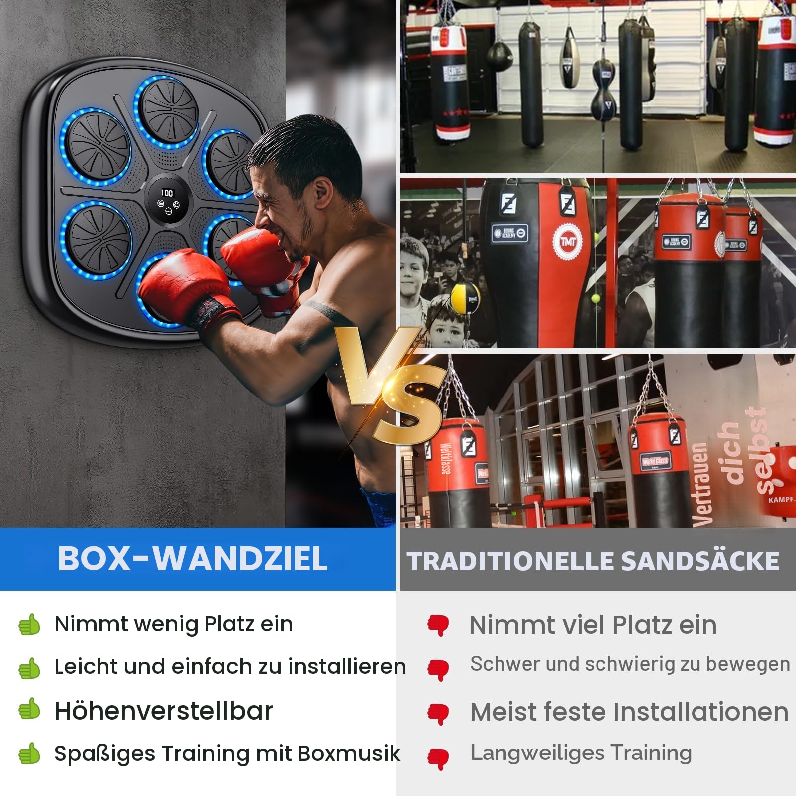 Music Boxing Machine, LED Intelligente Elektronische Boxmaschine mit Musik, 9 Geschwindigkeits und Trainingsmodi, Bluetooth, Automatische Zählung, Wandmontiertes Boxziel für Erwachsene und Kinder